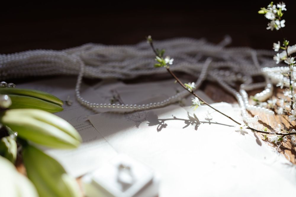 Delicate white spring flower stems against a gray textured background with soft green leaves visible in the corner.
