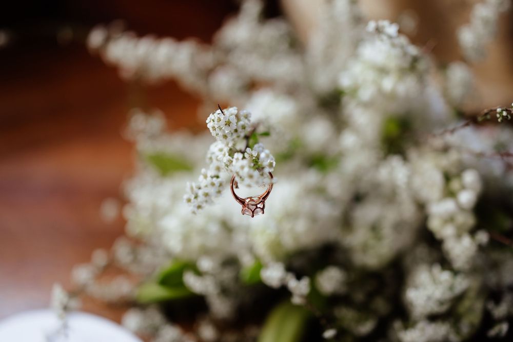 A monarch butterfly flutters near delicate clusters of white baby's breath flowers against a soft brown background.