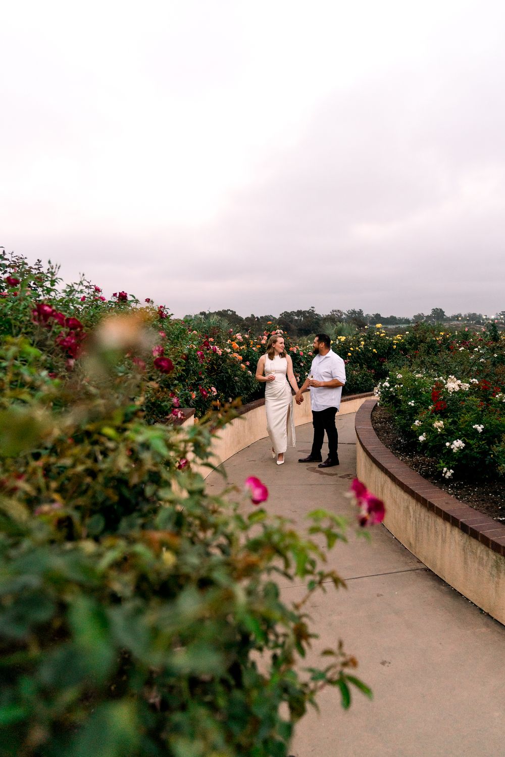A couple strolls along a winding pathway surrounded by blooming rose gardens on a cloudy day.