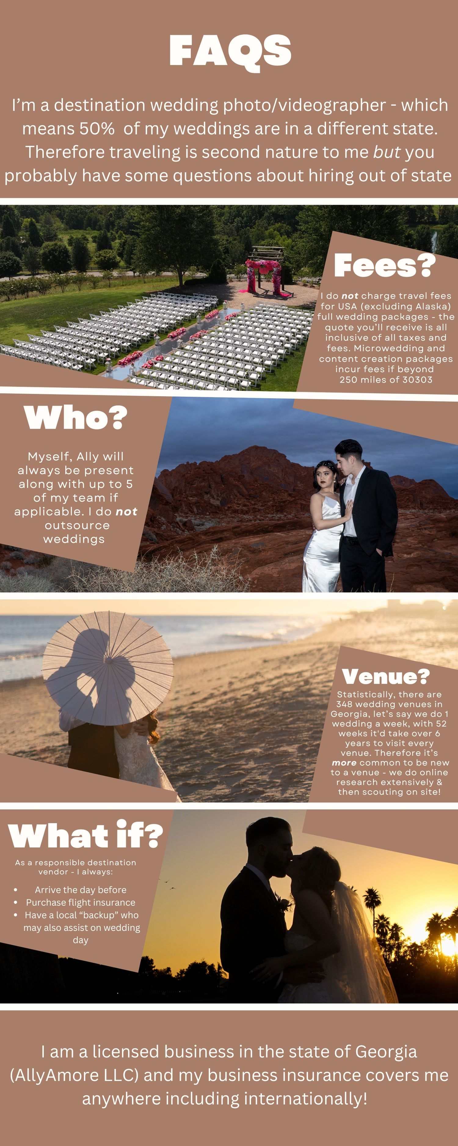 Wedding photography FAQ infographic showing destination wedding information and sample photos.