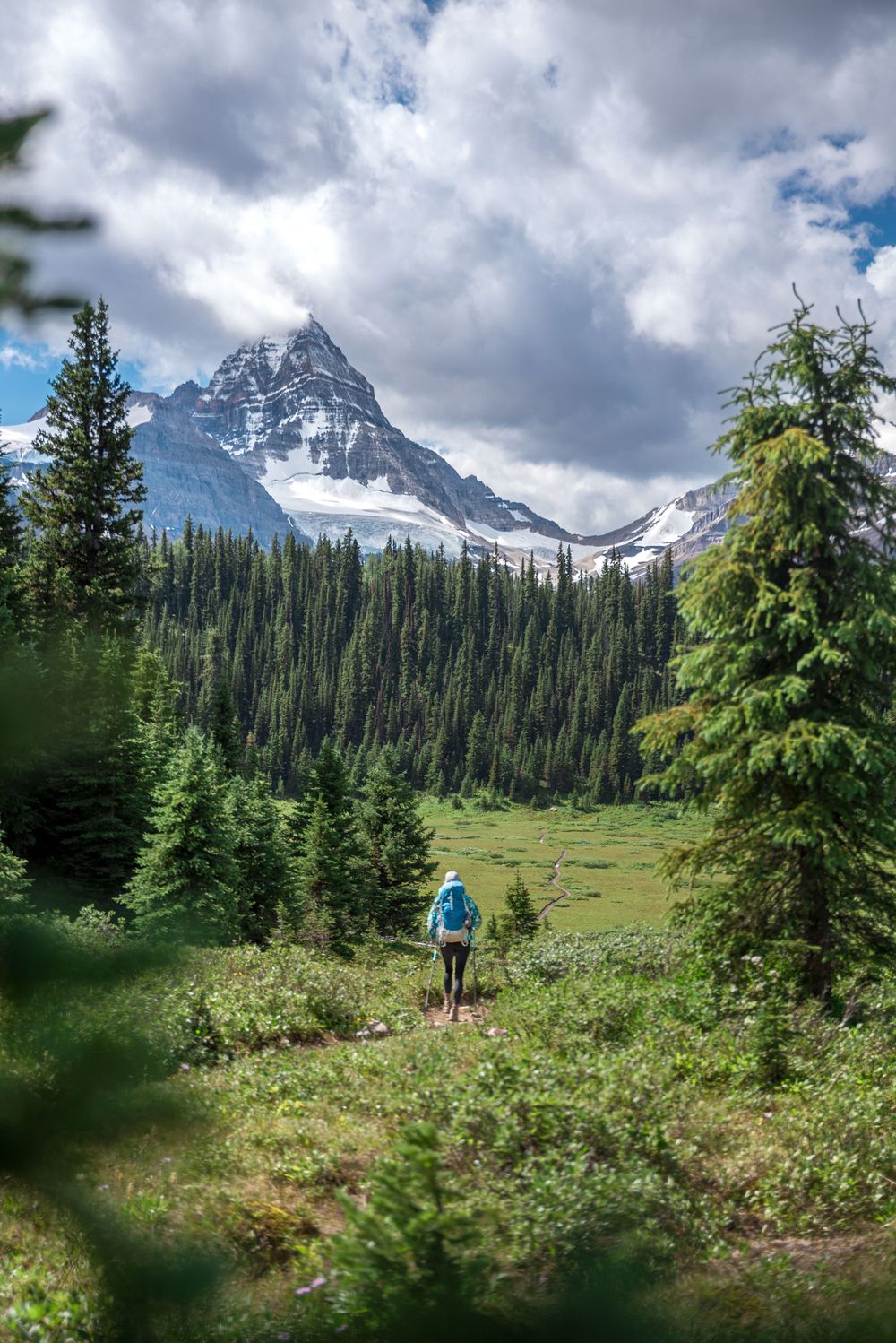 Lone hiker traverses alpine meadow with dramatic snow-capped mountain peak dominating the background.