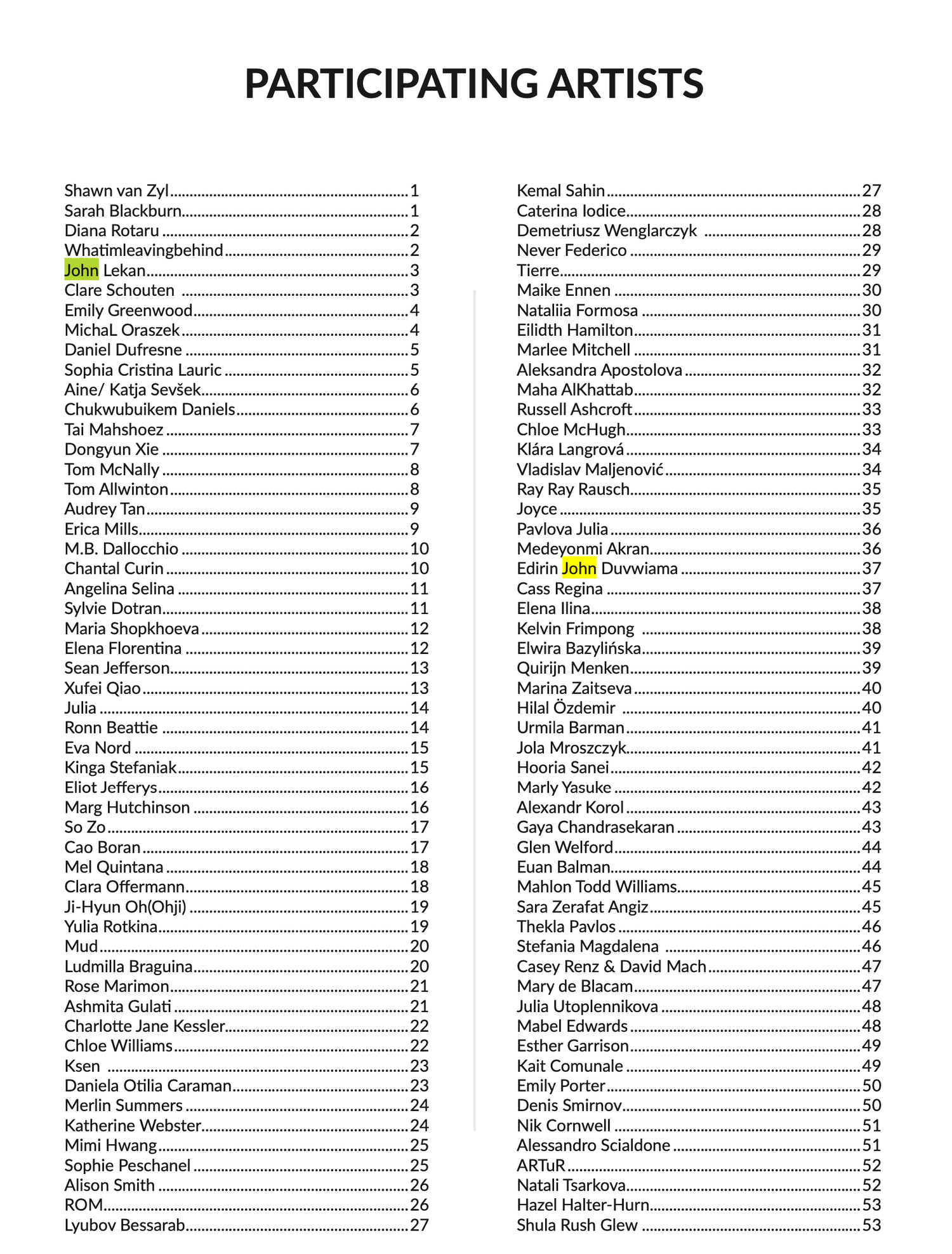 A monochrome page listing participating artists' names and numbers in two columns for an event or exhibition.