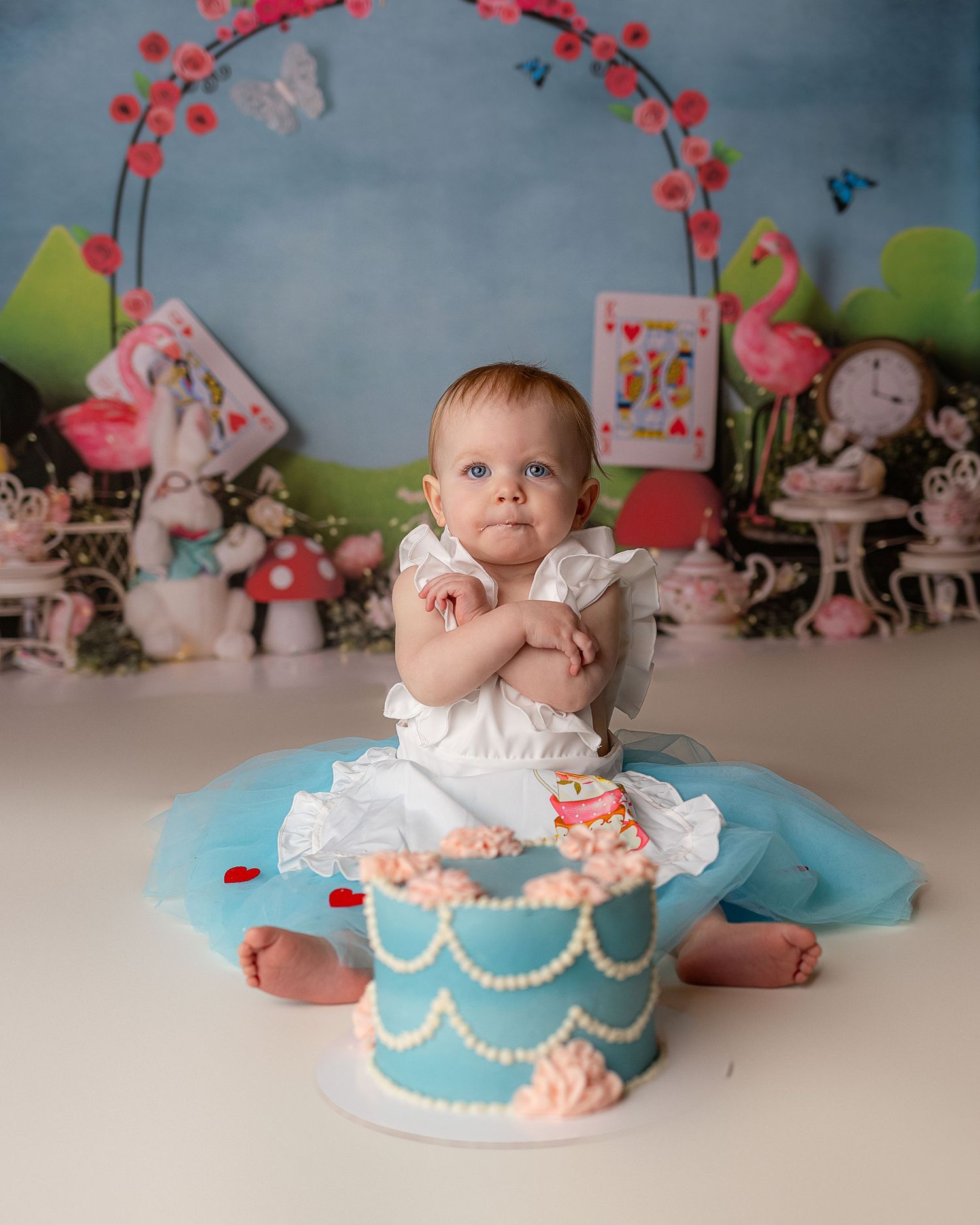 Professional milestone toddler cake smash photo - Alice in Wonderland theme