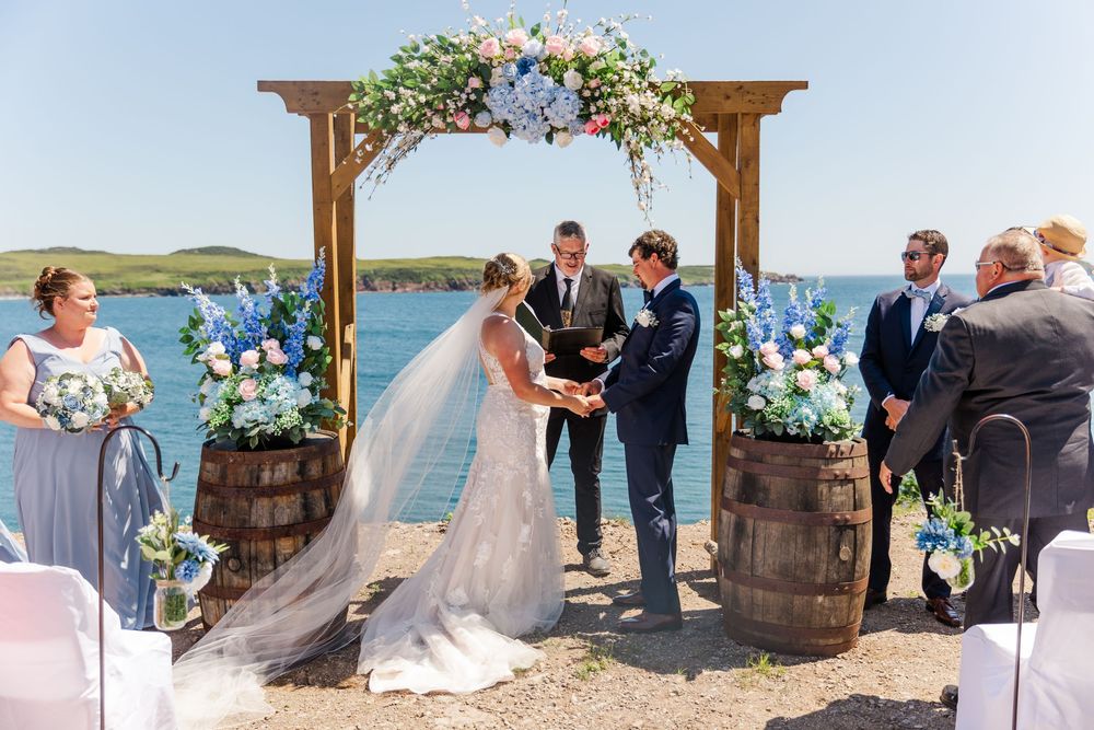 Panoramic collage of a beach wedding ceremony with wooden pergola, barrels, and floral decorations by the ocean.
