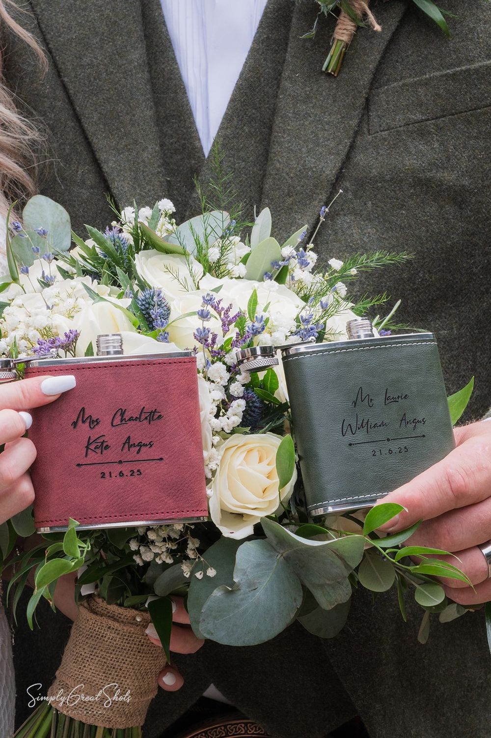 Personalised hip flasks for the bride and groom with the date they exchanged their vows at their wedding at Fort Henry wedding venue.