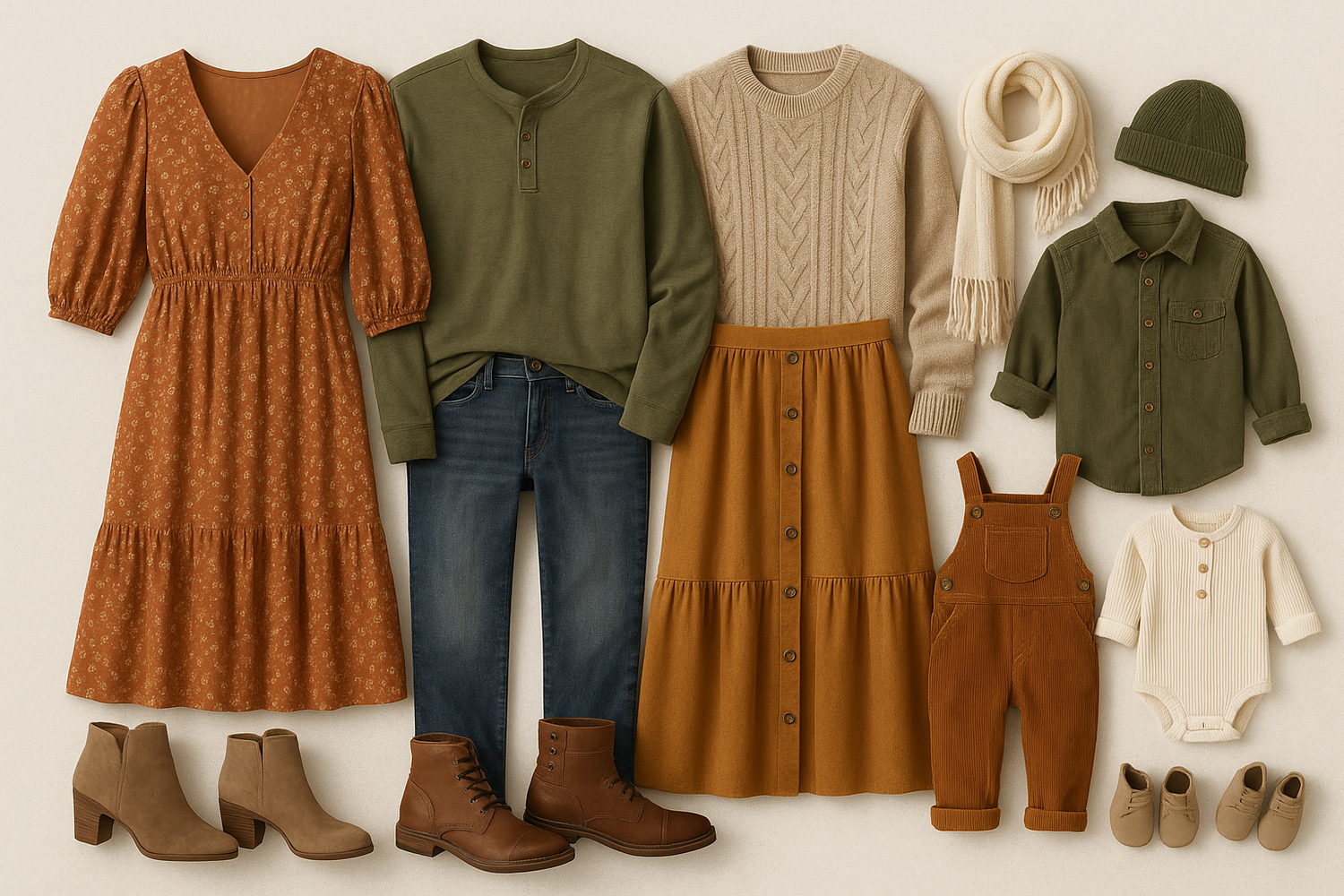 Fall fashion flat lay featuring earth tone dresses, boots, bodysuits and coordinating children's outfits arranged in a row.