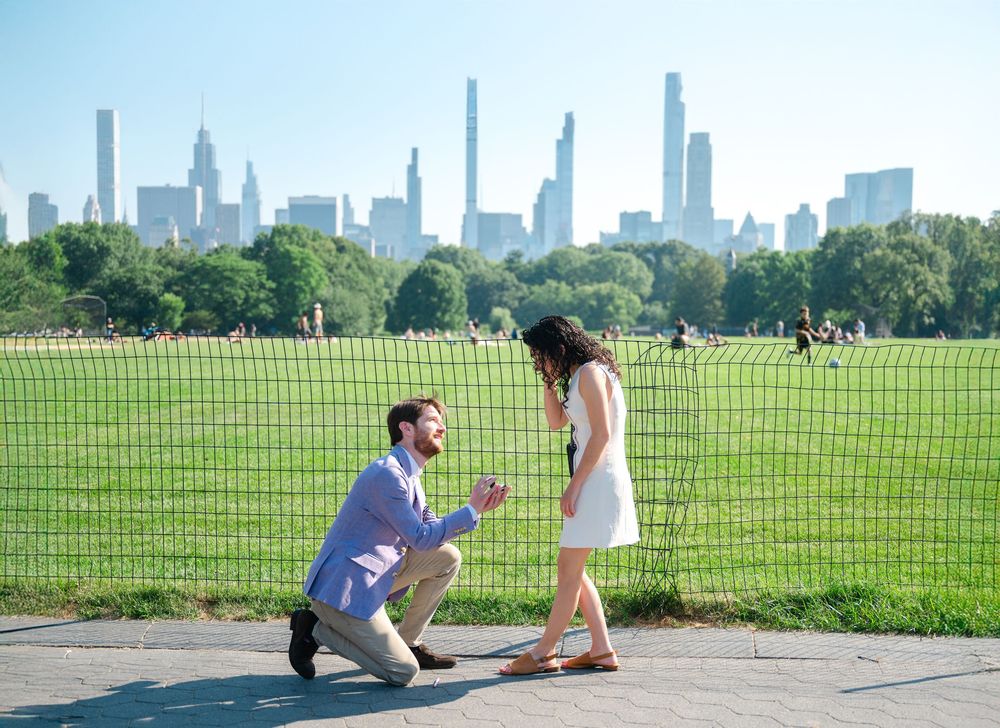 Romantic proposal scene with skyline of New York City visible across green grass in Central Park on a sunny day. Joliette Marie Photography.