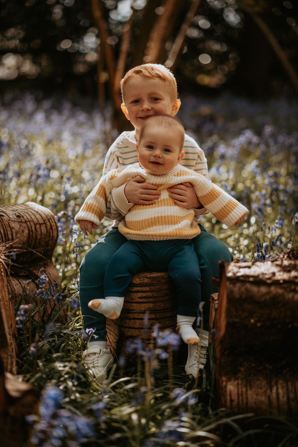 Two children sitting together on a wooden stump surrounded by blooming bluebells in a forest setting.