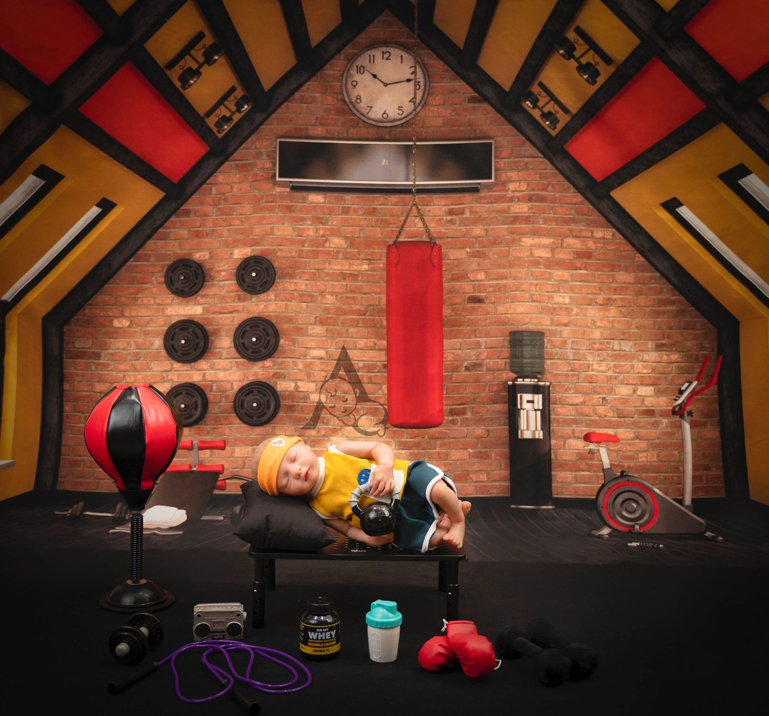 Home gym setup with boxing equipment, weights, and fitness gear against brick wall with geometric design.