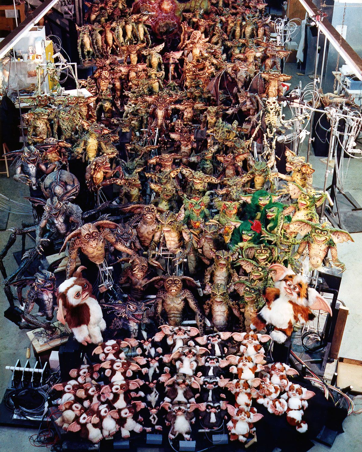 Group photo of Gremlins puppets at Rick Baker's Cinovation Studios