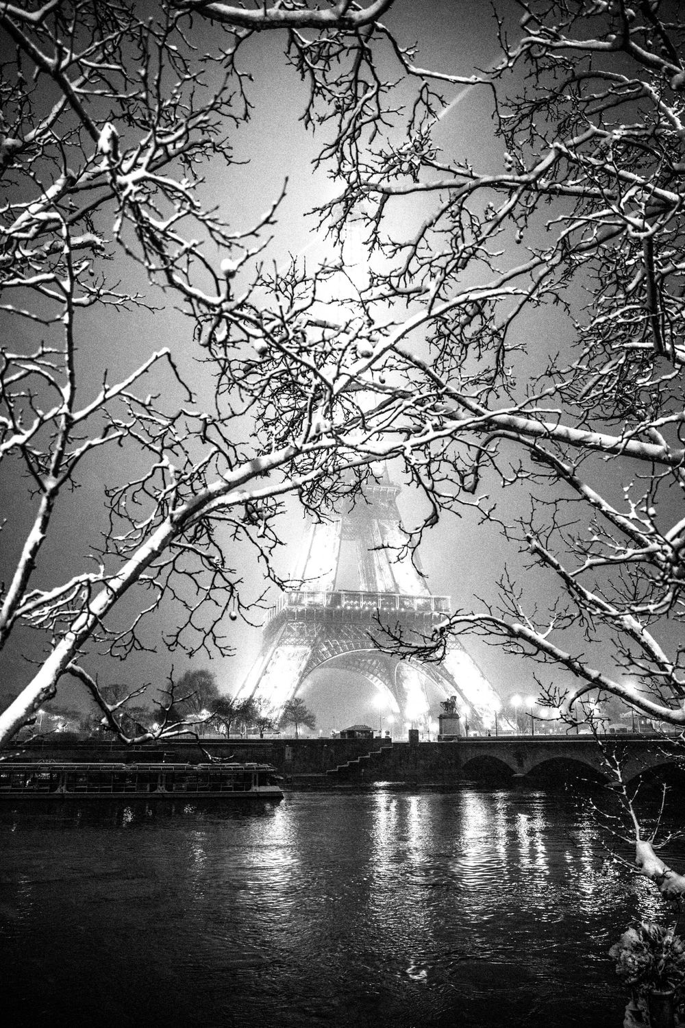Snow-covered tree branches frame the illuminated Eiffel Tower at night with its reflection in the Seine River.