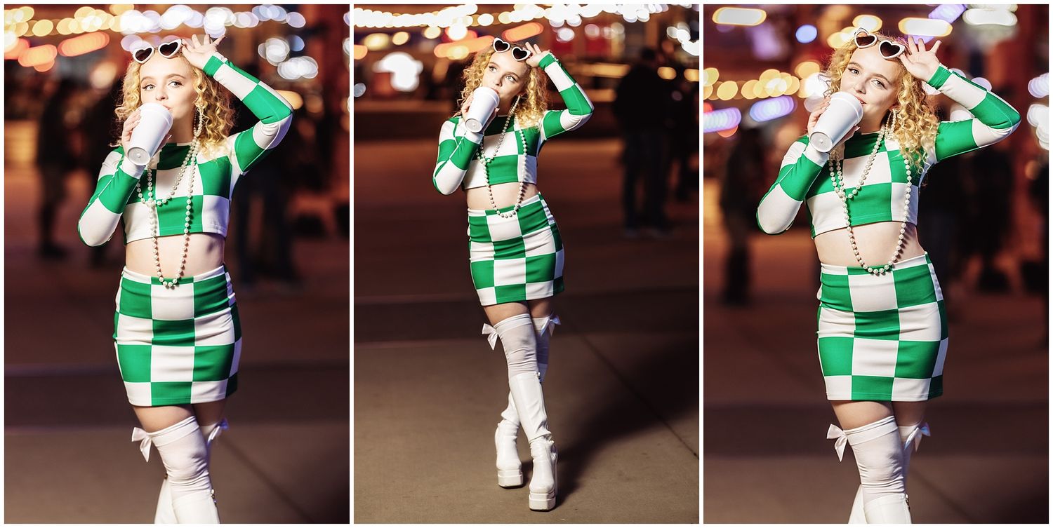 13 sequential photos showing a person in green and white checkered clothing performing energetic dance moves on stage.