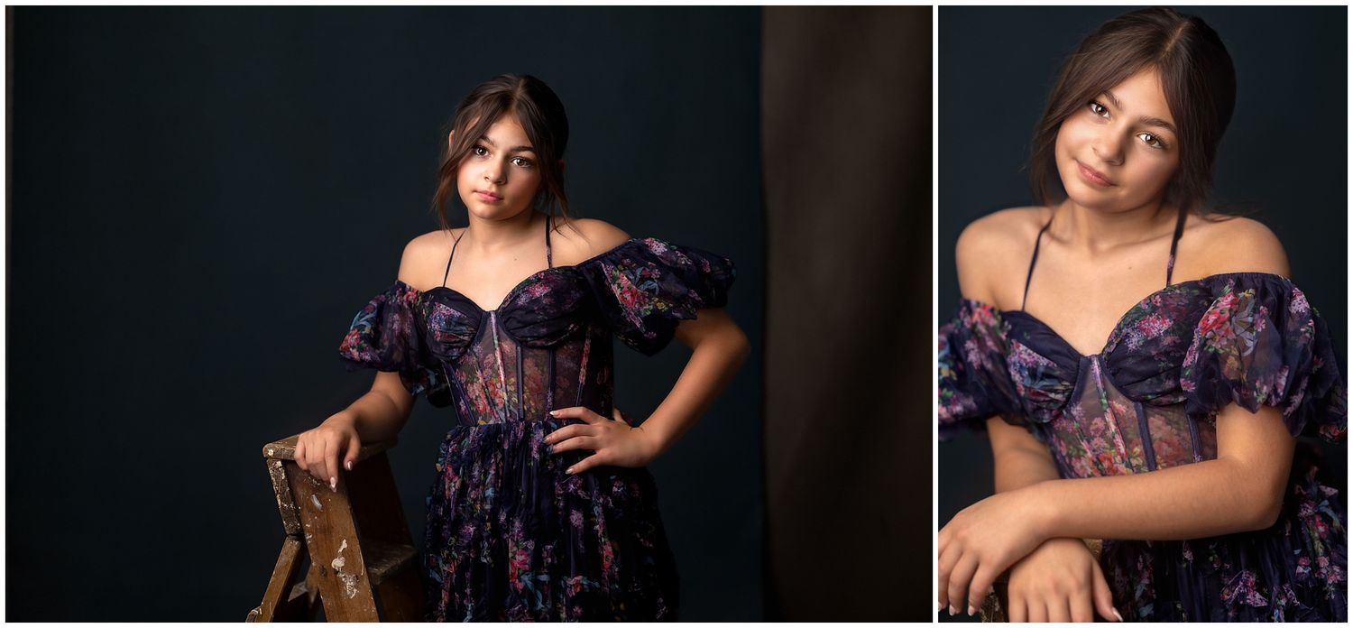 A model in a dark purple floral dress poses against a black background, shown in two complementary portrait shots.