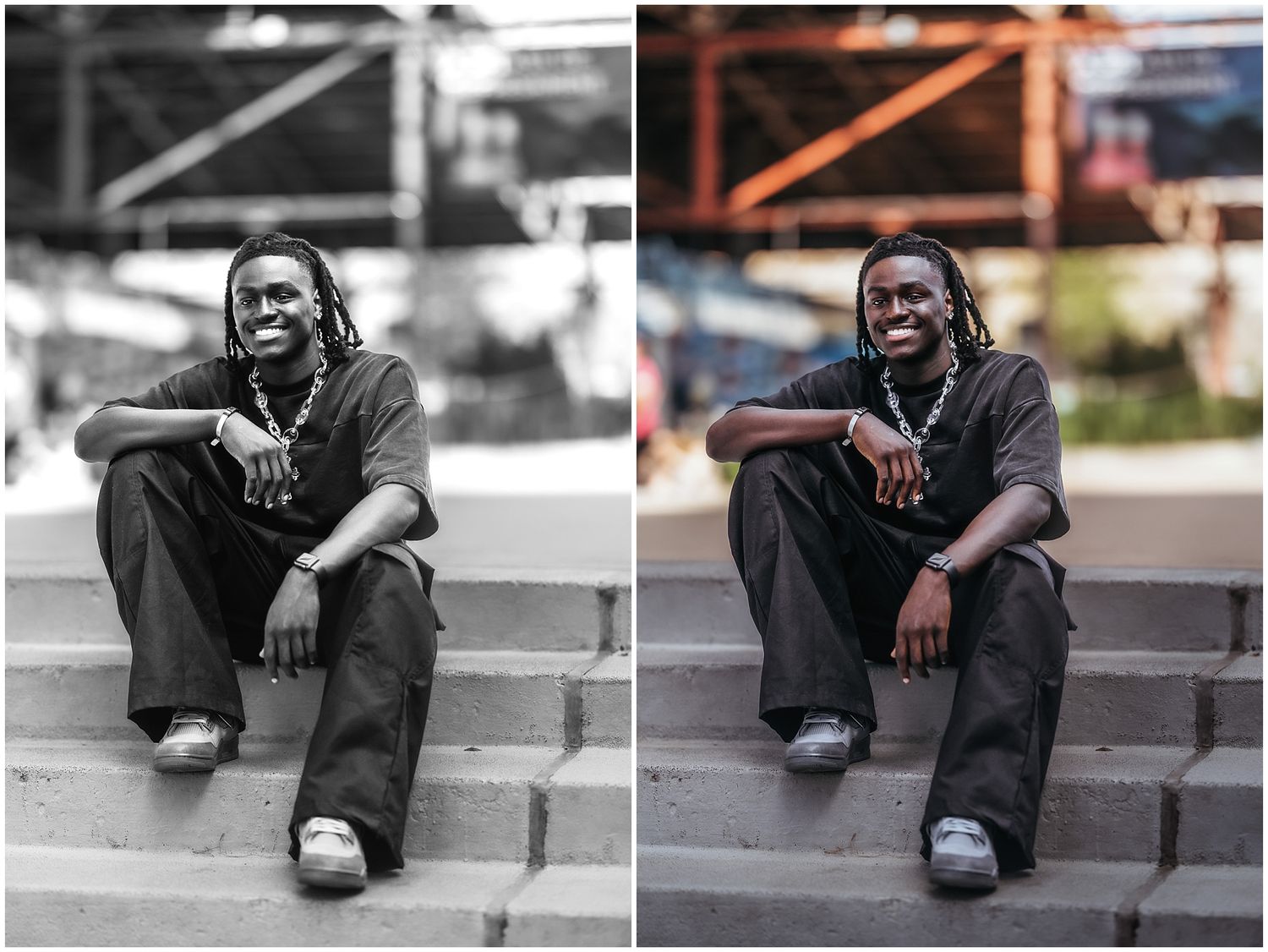 A black-and-white and color side-by-side portrait of someone sitting casually on concrete steps with a warm smile.