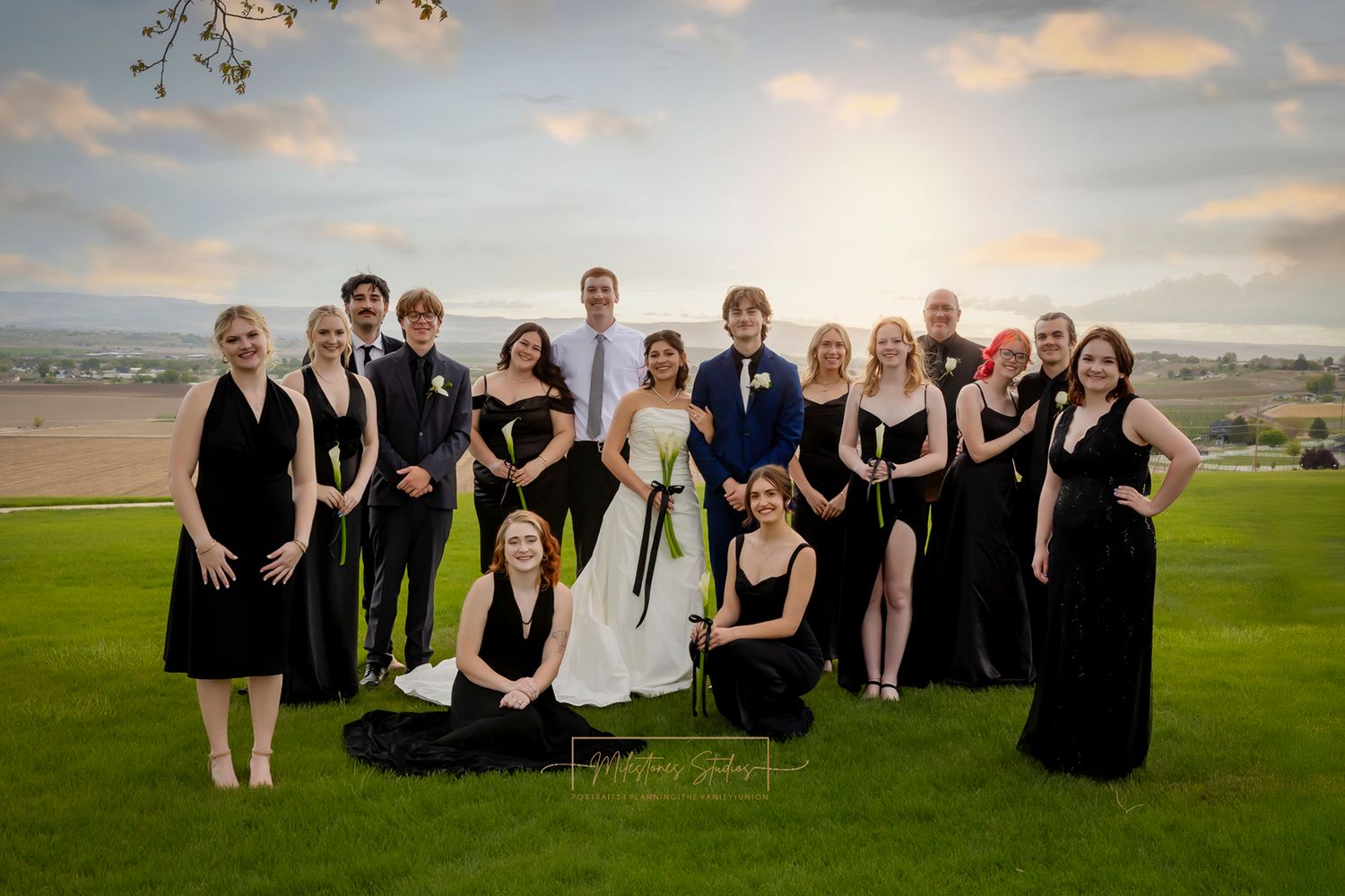 formal wedding with black and white them at Garman Hill, sun setting behind