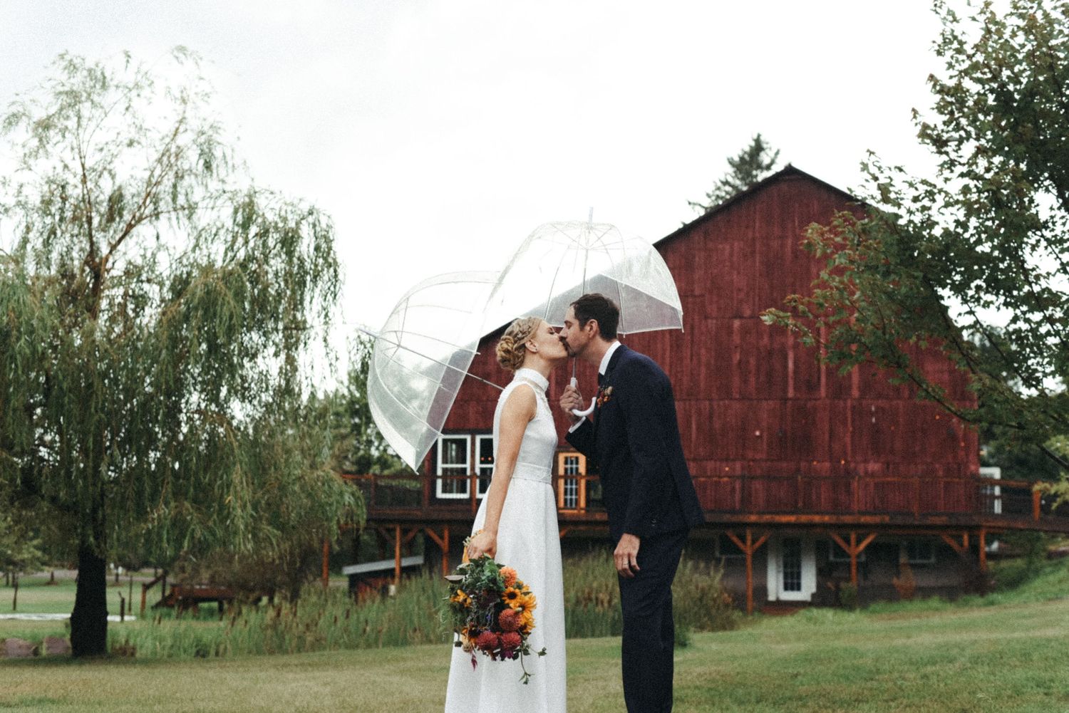 Romantic wedding couple shares a kiss under white umbrella in front of rustic red barn and willow tree.