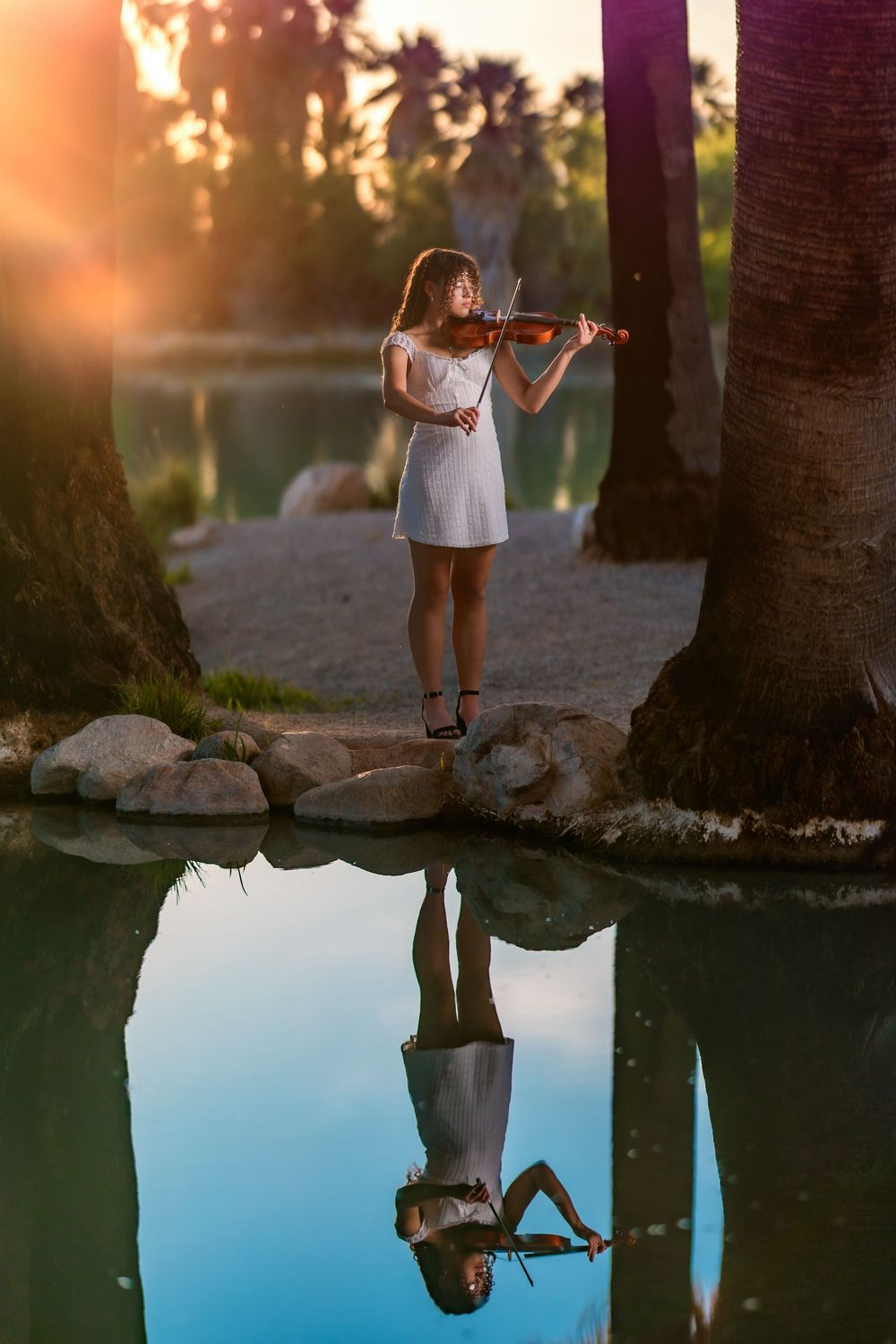 Senior holding violin with soft sunlight at Agua Caliente Park, senior pictures Tucson, AZ