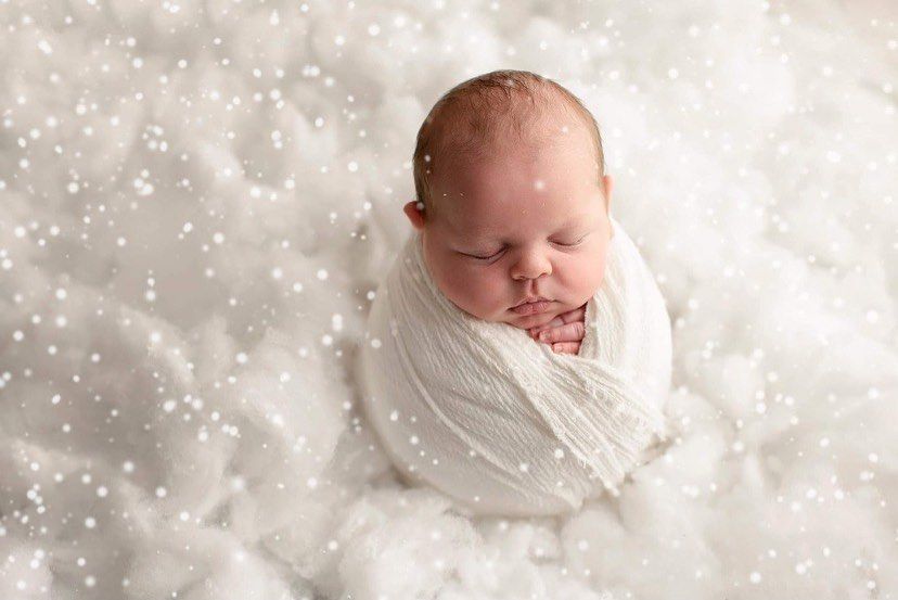 a newborn wrapped up like a snow ball with snow falling. A Christmas newborn photo Elizabeth Lang