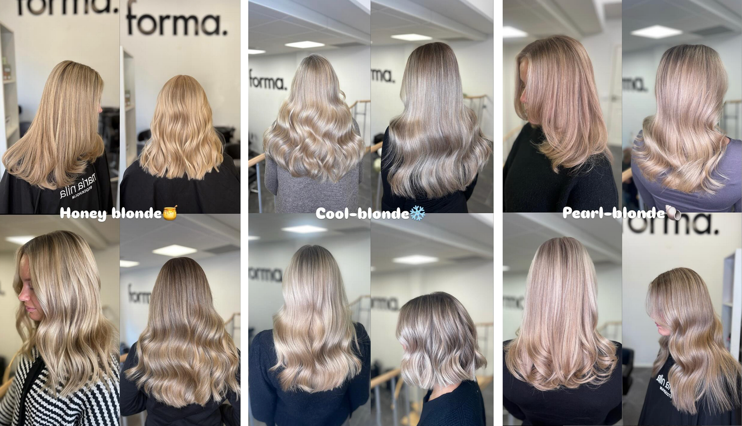 Collage med tre olika blonda hårfärger – varm honungsblond, sval isblond och mjuk pärlblond, inspirerande hårtoner från salong forma.