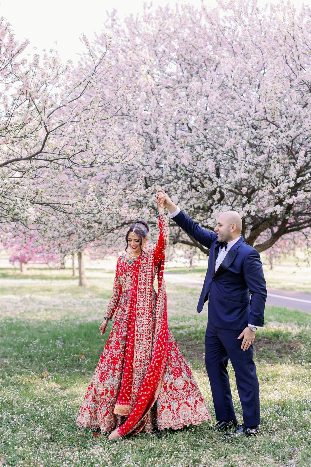 A couple celebrating under blooming cherry blossom trees, with a bride wearing a traditional red embroidered lehenga.