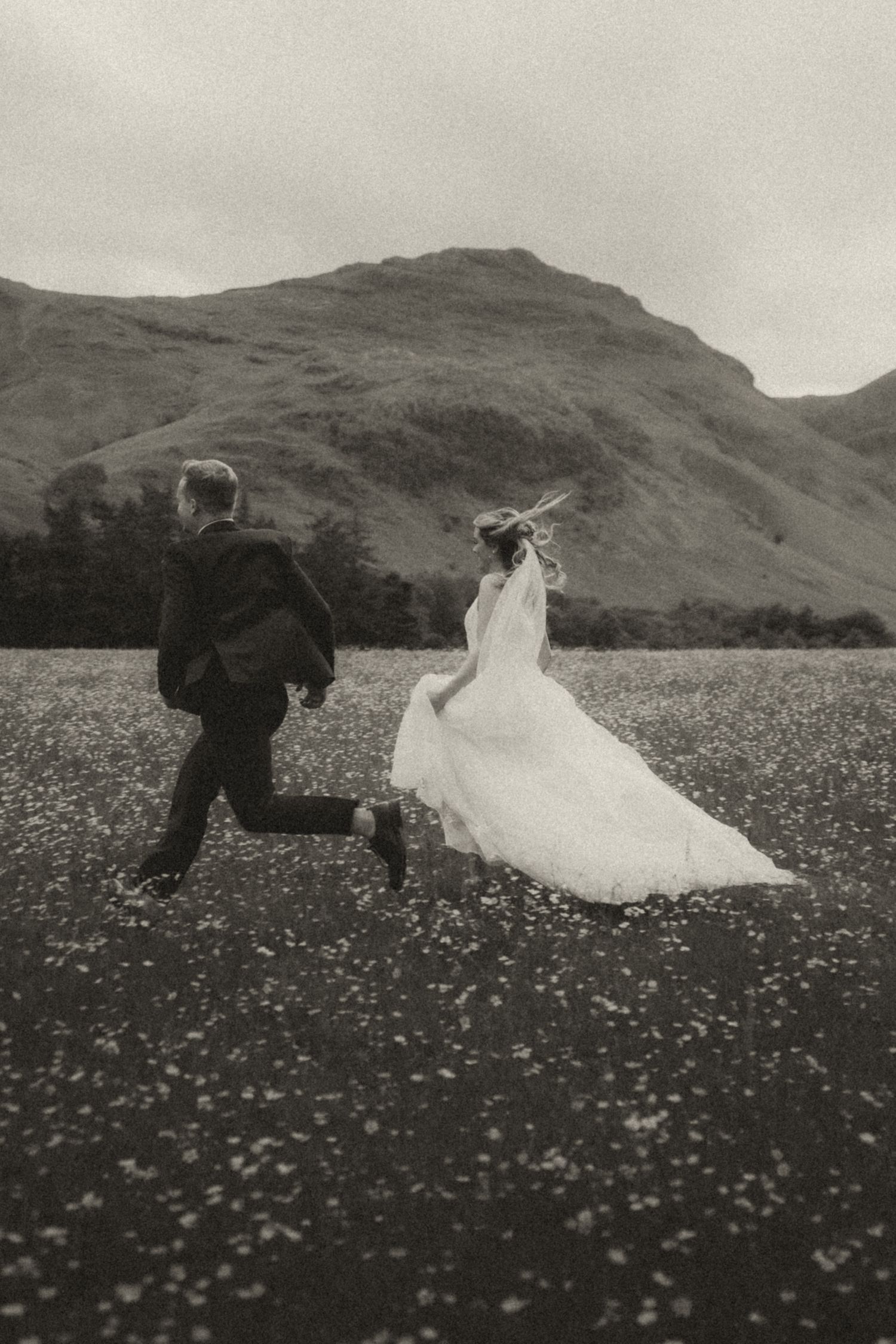 A couple in wedding attire runs playfully through a flowering meadow with dramatic mountains in the background.