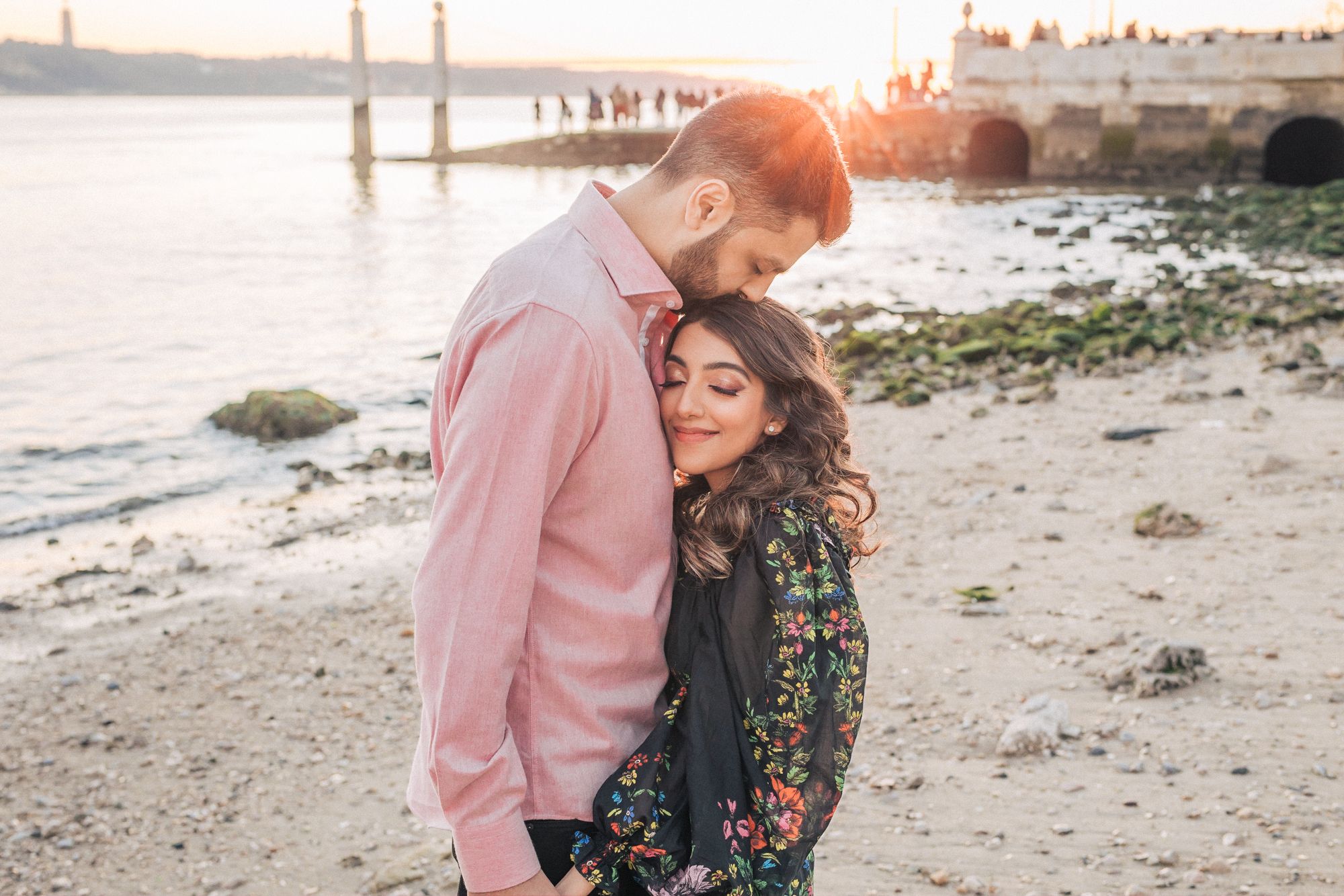 Romantic engagement photoshoot of an indian couple at the historical city of Lisbon during a Destination Wedding in Portugal