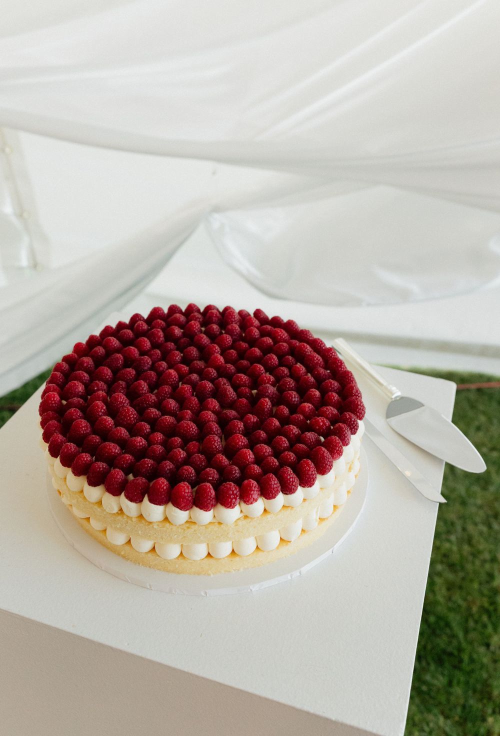 A round vanilla cream cake topped with concentric circles of fresh red raspberries on a white serving plate.