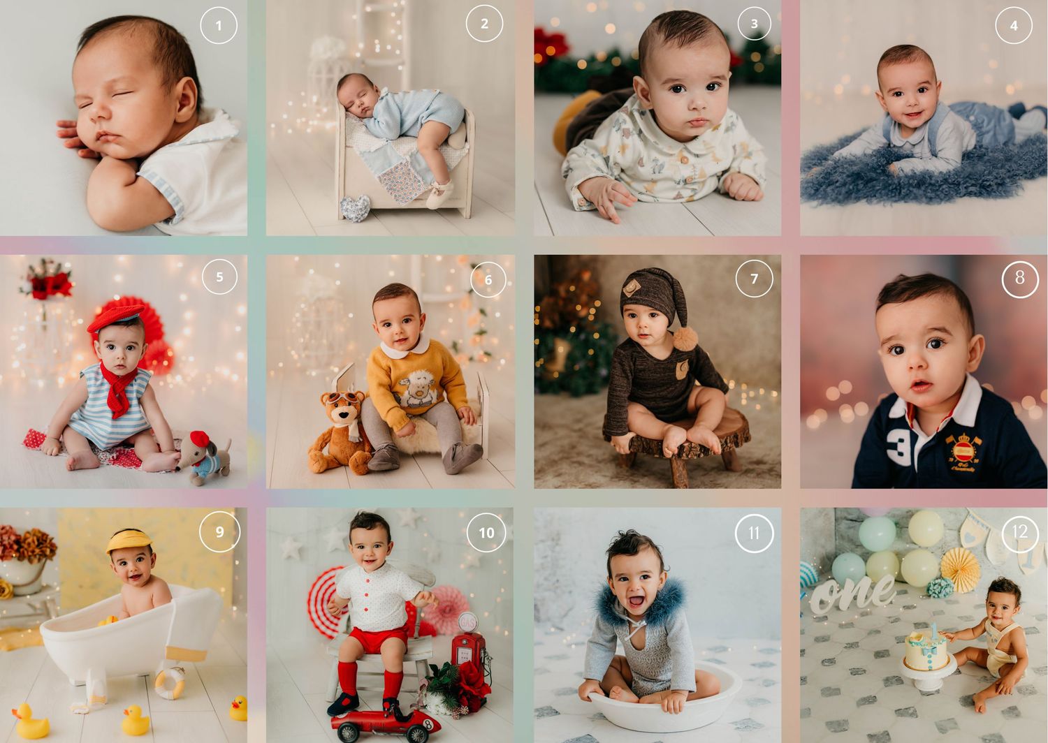 Seguimiento evolutivo del primer año de vida de un bebé en fotografías mensuales en estudio.