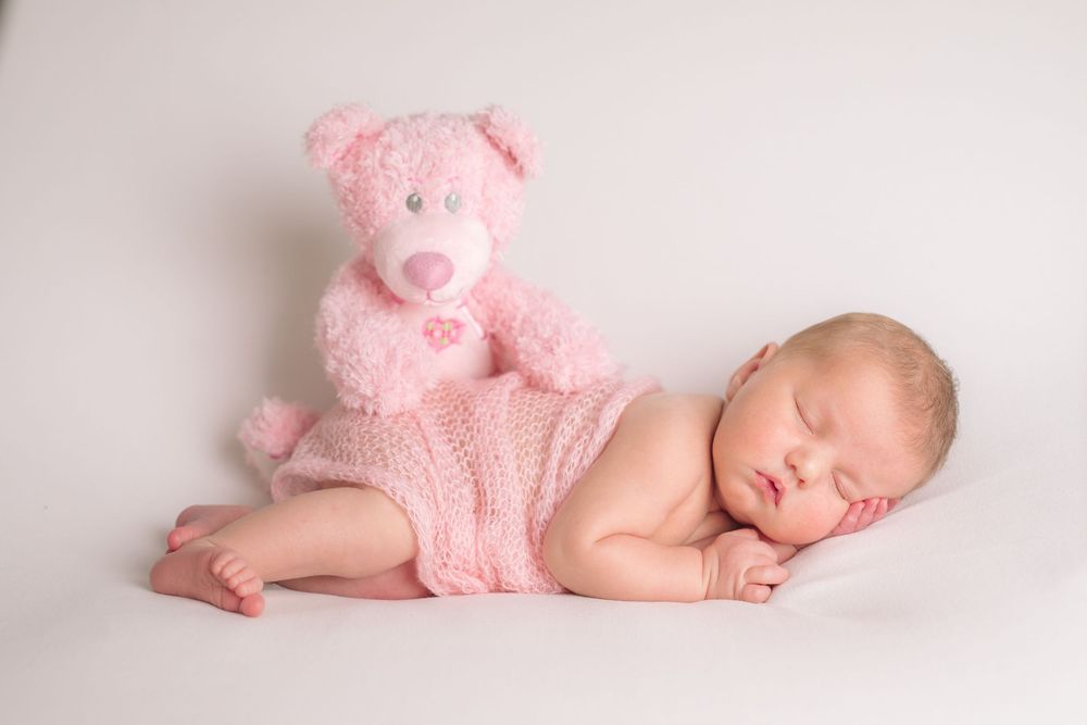 Buffalo In Home Newborn Session Photography. Newborn girl with stuffed pink bear and pink blanket swaddle.