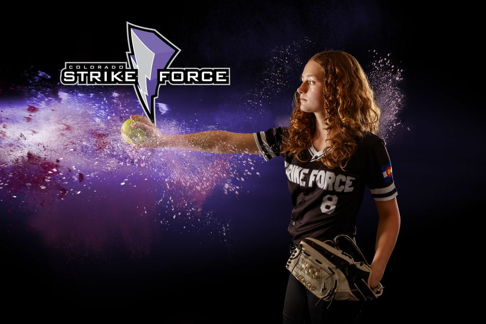 Sports promotional photo for Strike Force team showing player in black jersey against cosmic purple background with logo.