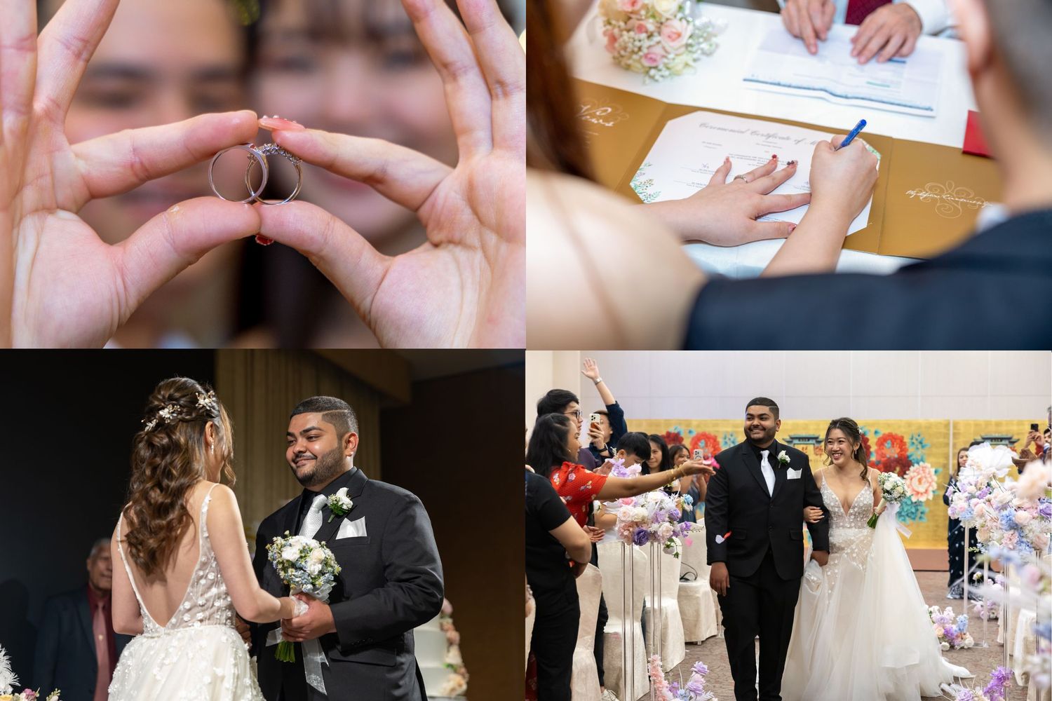Various wedding photography shots featuring ring details and candid ceremony moments.