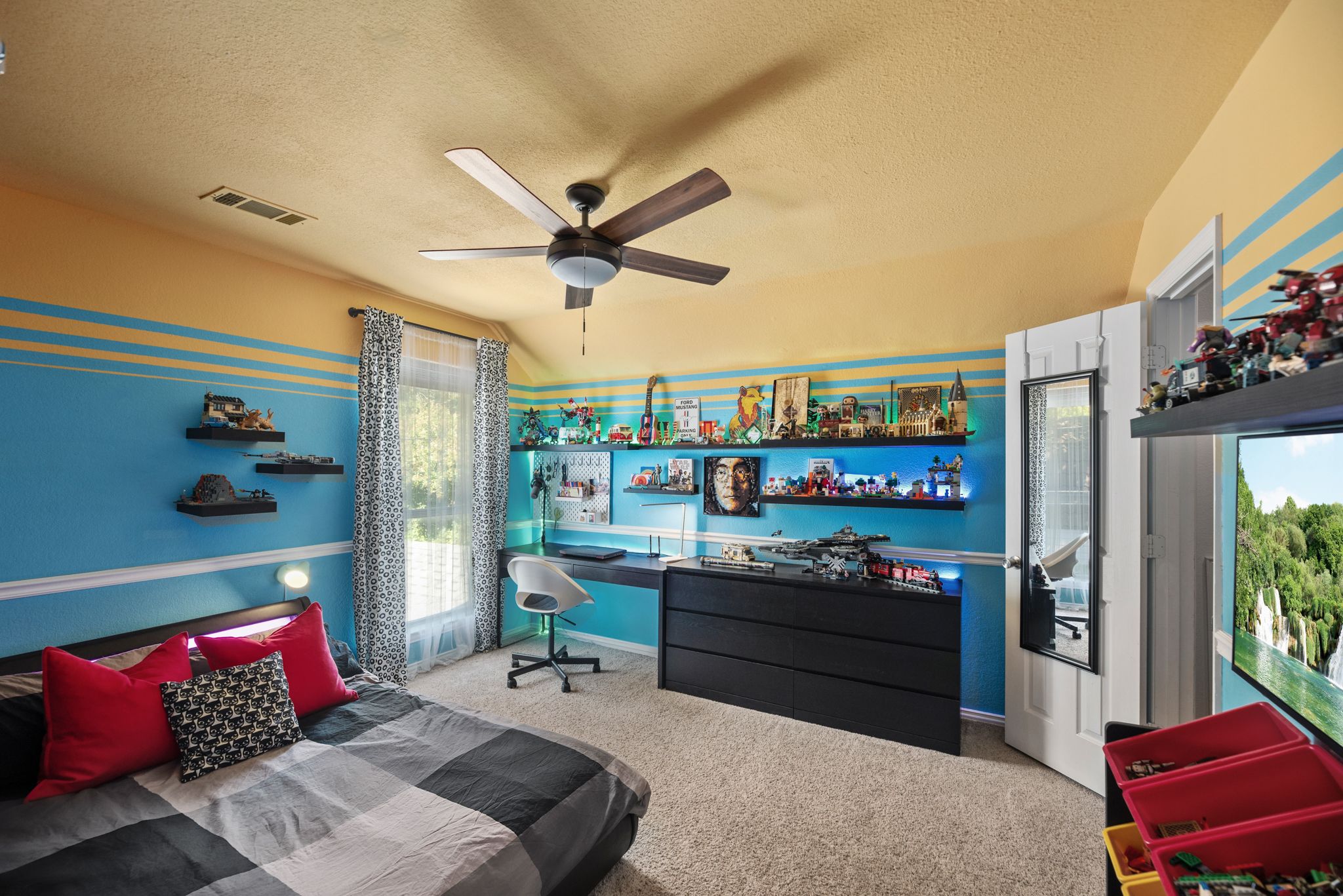 A collage of modern bedroom interior photos showing teal walls, red accents, and ceiling fans in different living spaces.