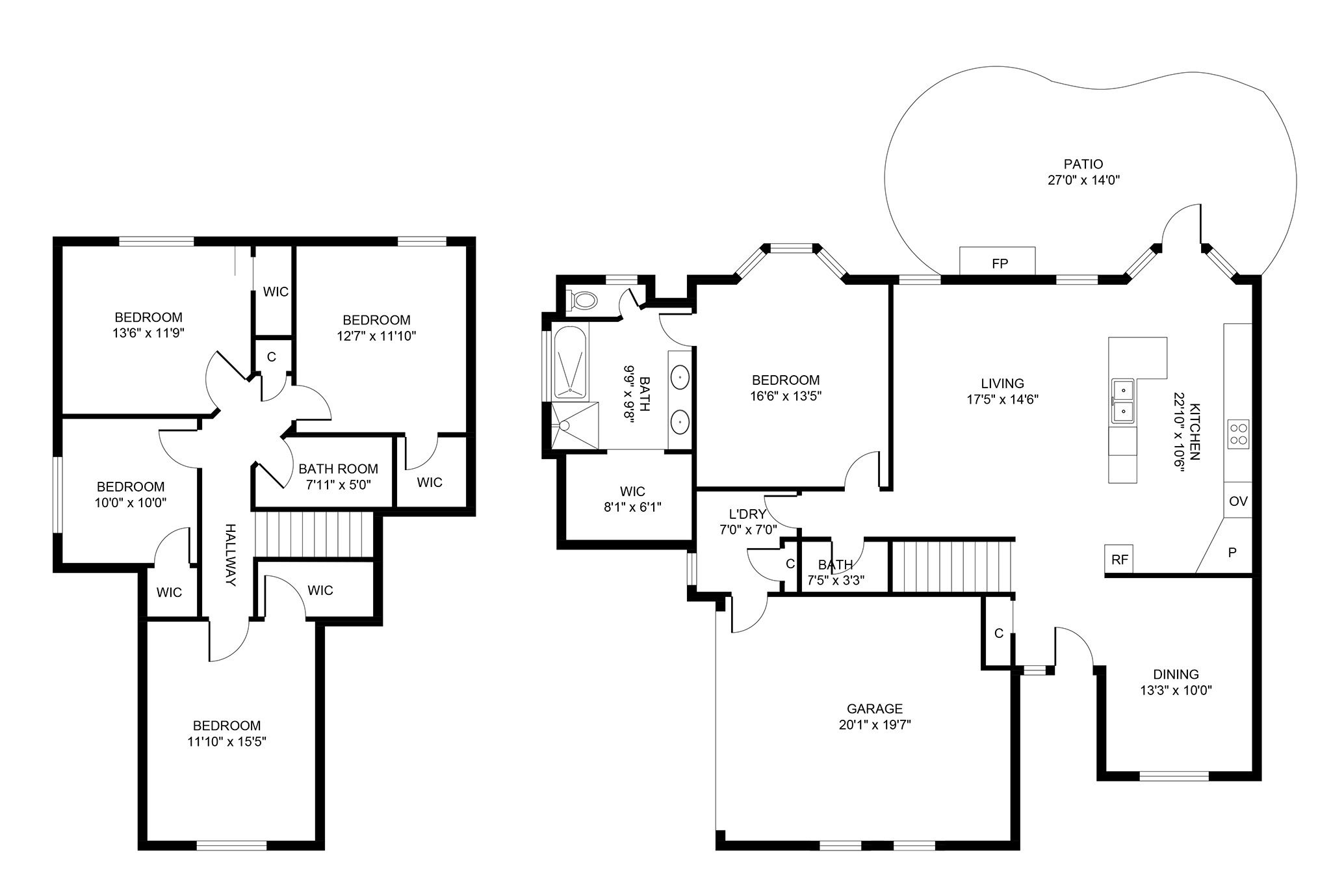 Black and white architectural floor plan showing two levels of a modern home with detailed room layouts and dimensions.