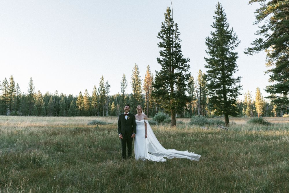Newlyweds standing in a mountain meadow at golden hour among tall pine trees at truckee