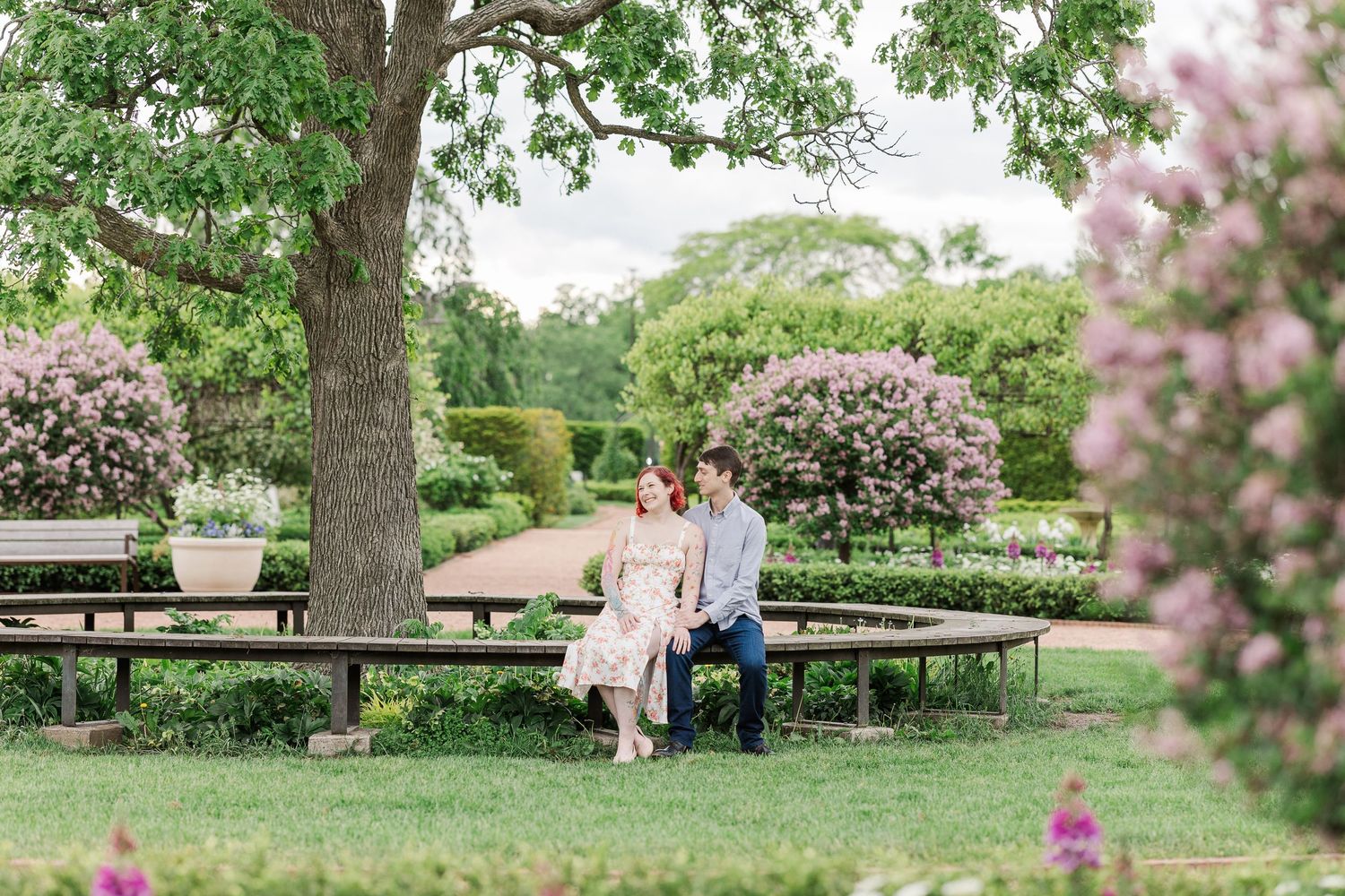 A romantic couple sits on a wooden bench in a blooming garden with pink flowers and lush greenery at Cantigny Park