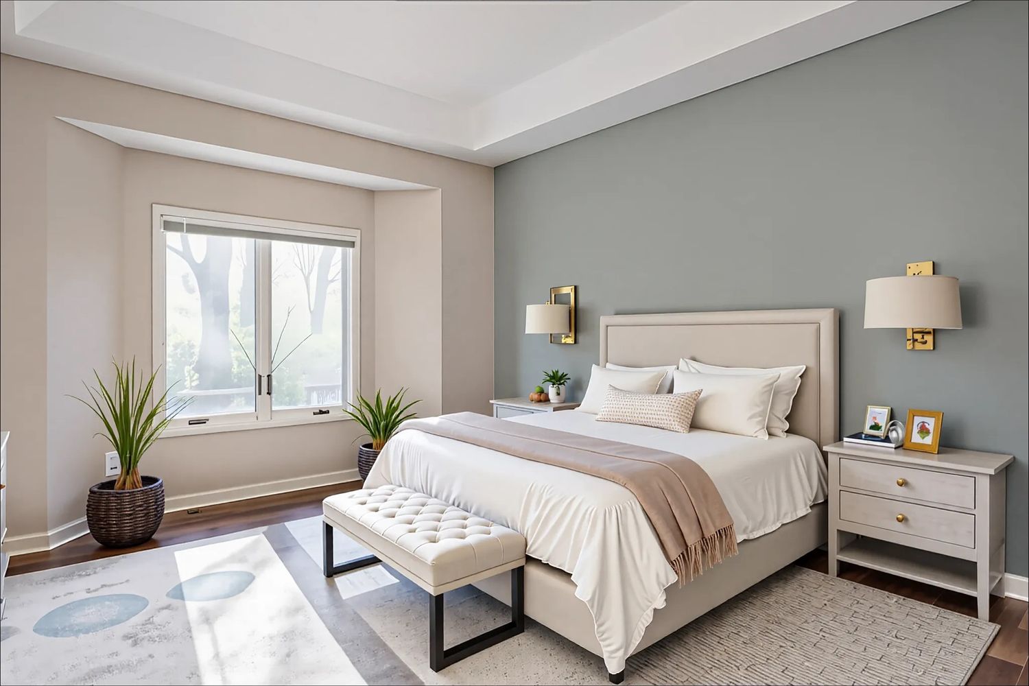 Virtually staged bedroom with a beige bed, sage accent wall, soft lighting, modern decor, and natural light from a large window.