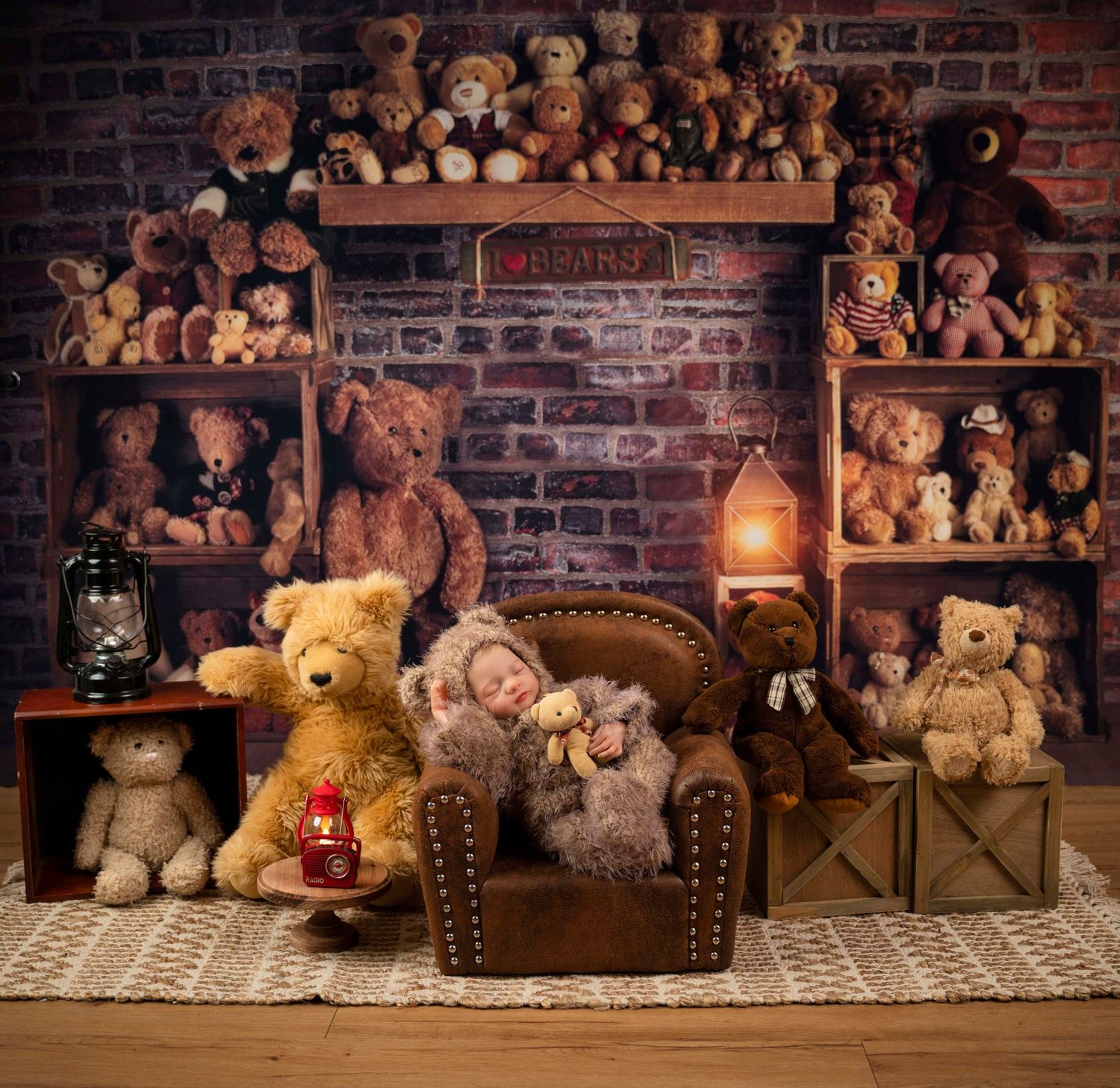 Cozy teddy bear collection display with vintage lantern on wooden shelves against brick wall.
