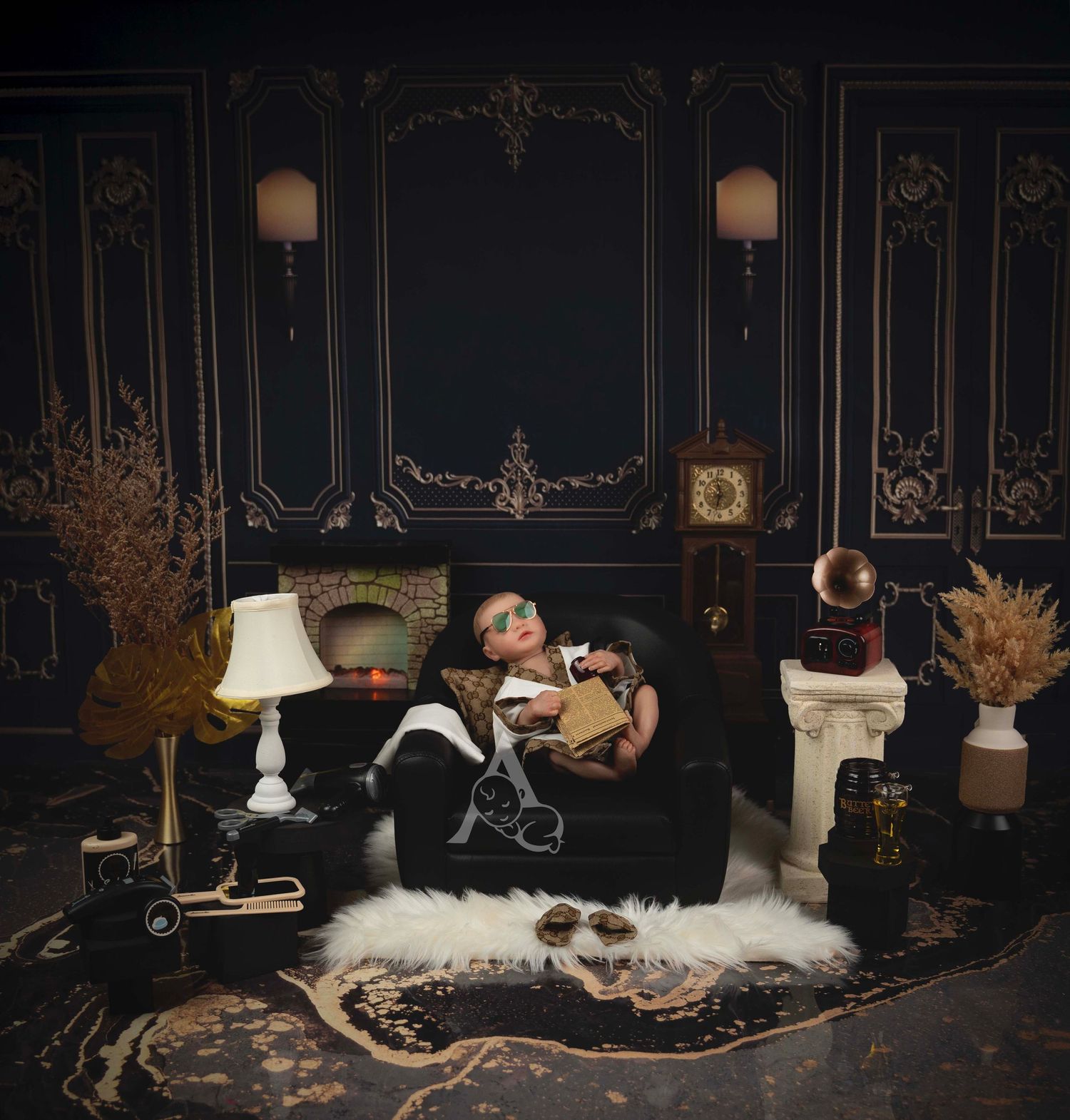 Moody vintage-style photo setup with antique furniture and dramatic dark wall panels.