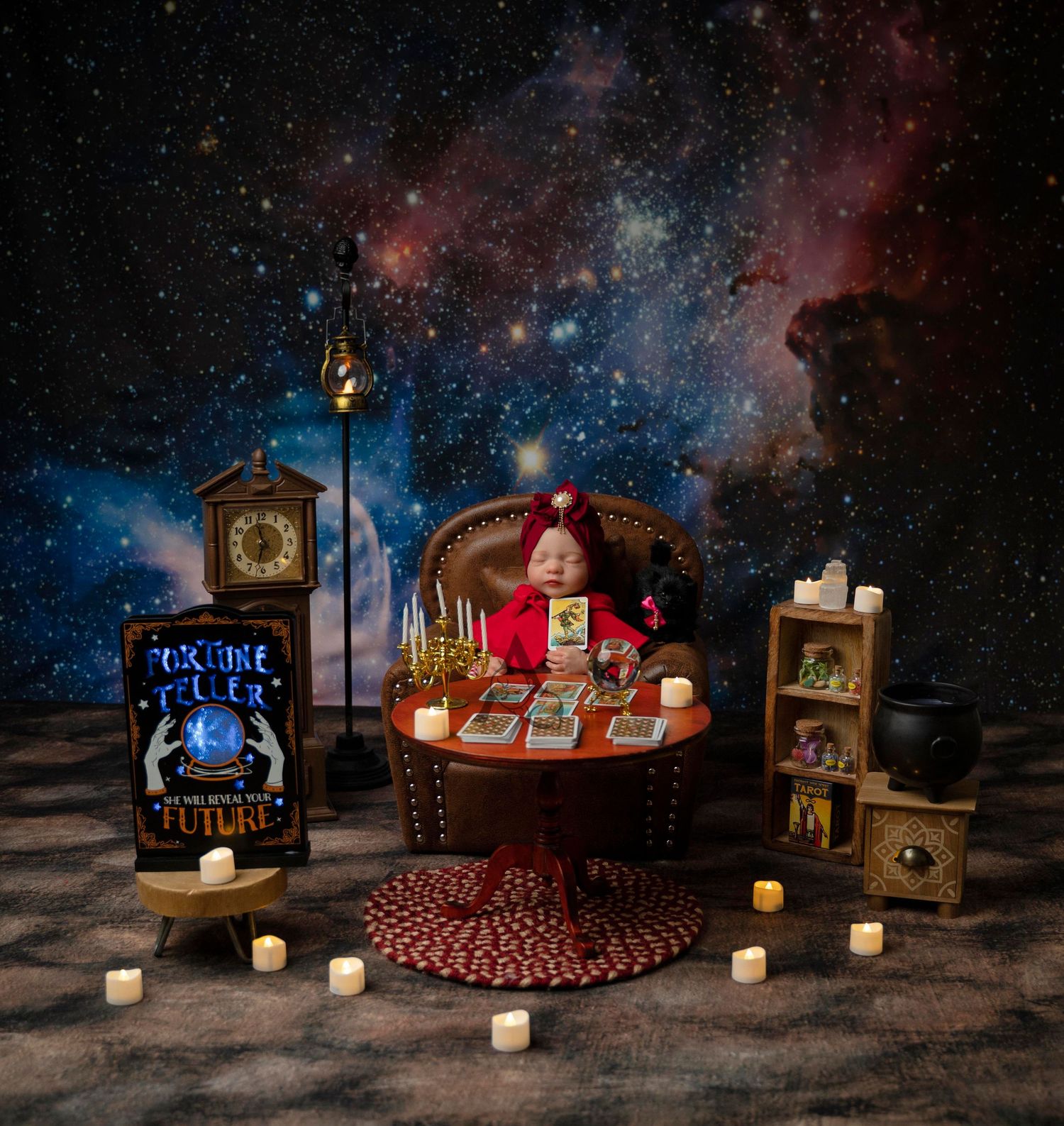 Mystical fortune telling scene with tarot cards, candlelight, and cosmic background.