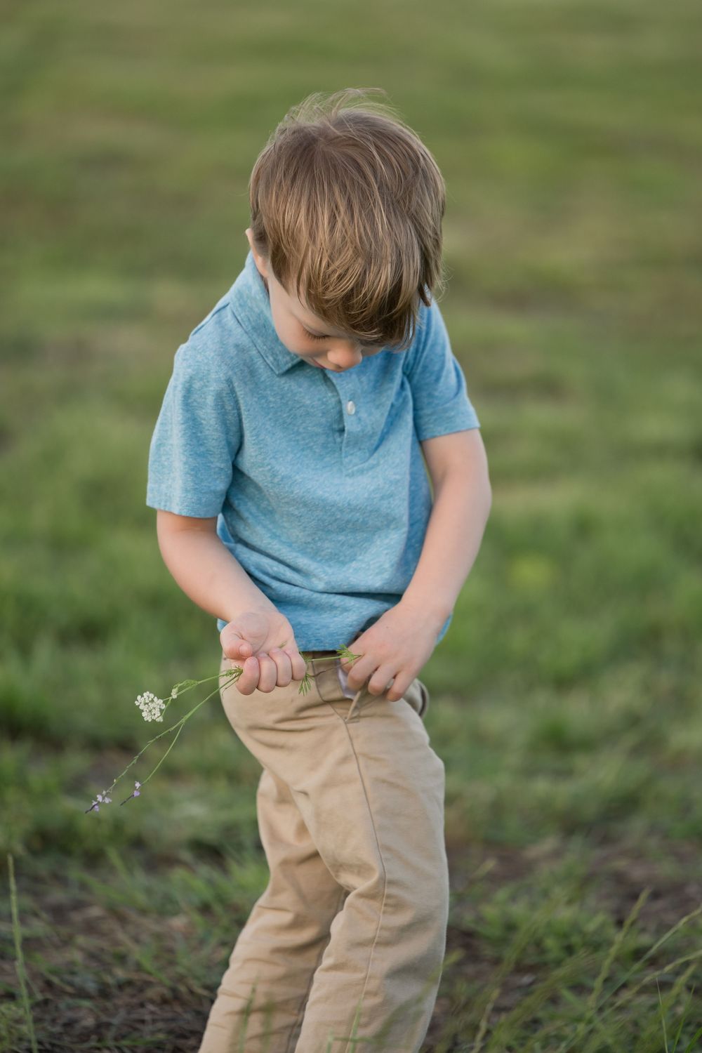 A young child in a blue polo shirt and khaki pants gently examines a small wildflower in a green field.