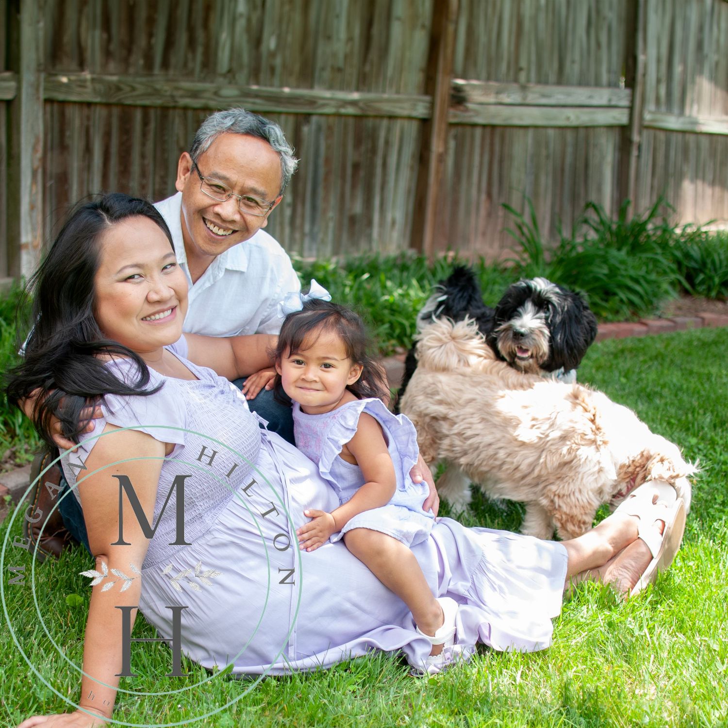 A family relaxes together on green grass in their backyard with their fluffy white and black dogs.