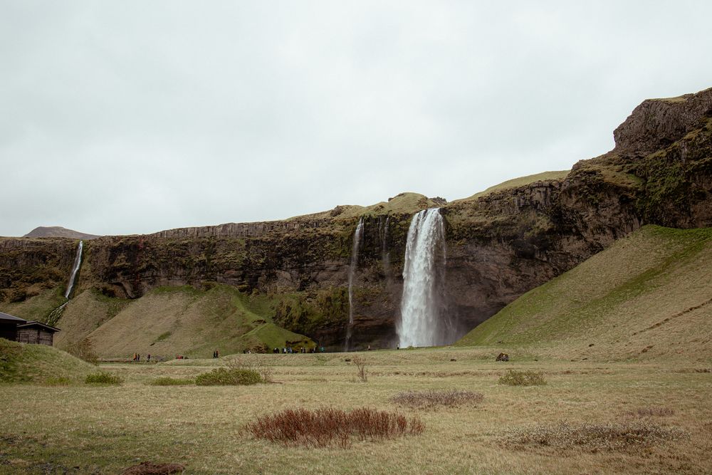Scenic Seljalandsfoss waterfall cascades down green cliffs in Iceland under an overcast sky.