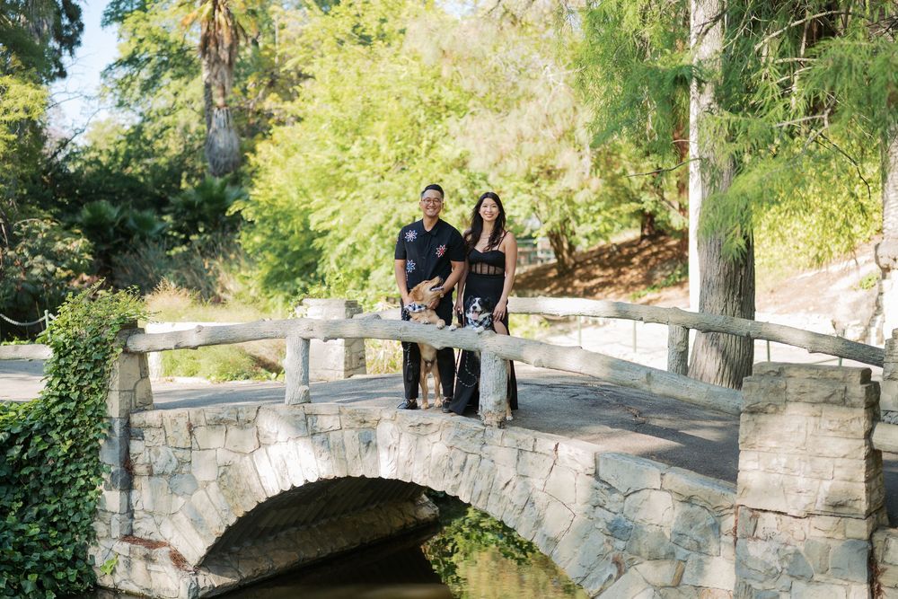 Two people stand together on a stone bridge in a lush green park on a sunny afternoon.