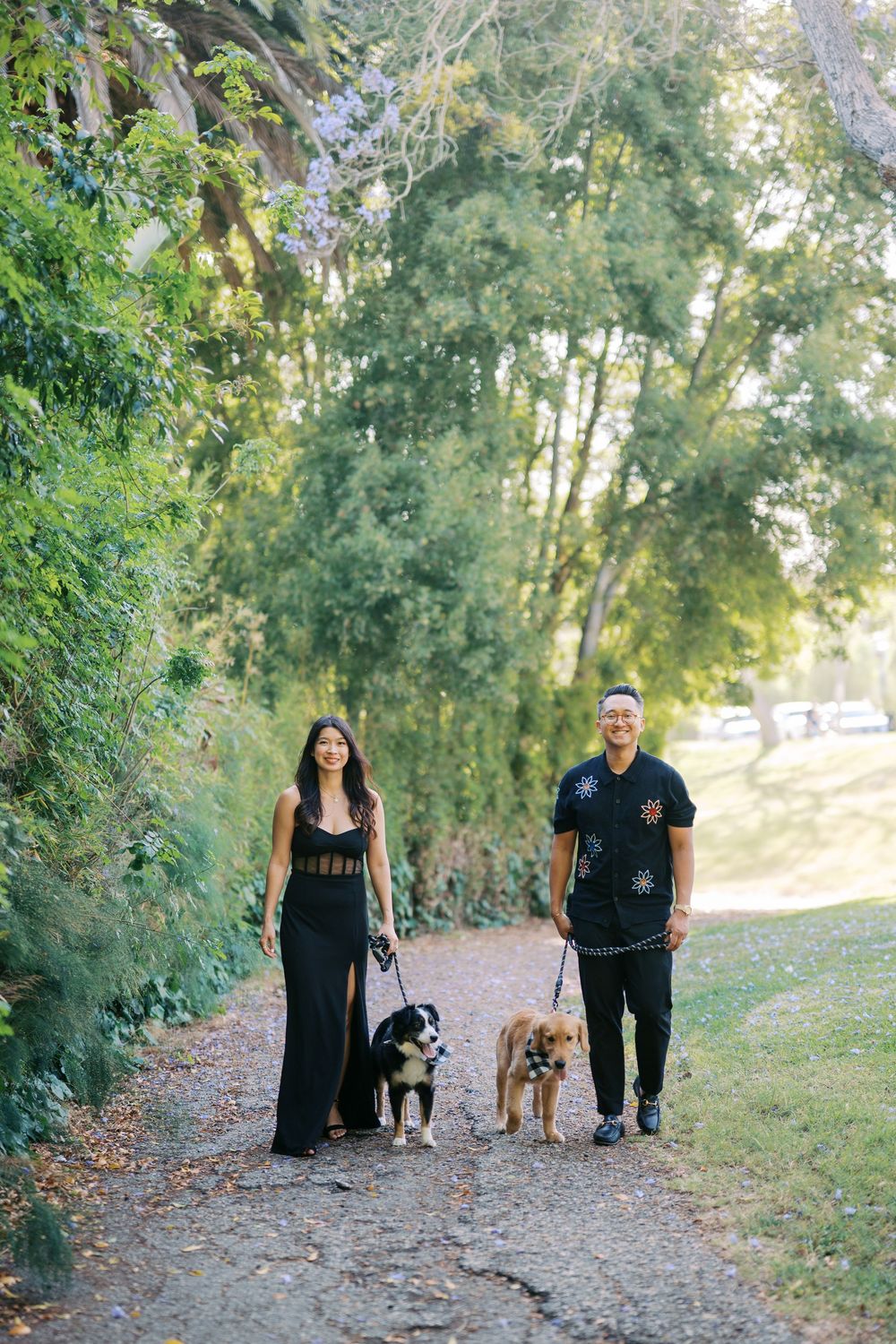 A couple walks with their two dogs on a tree-lined path during a nature photography session.