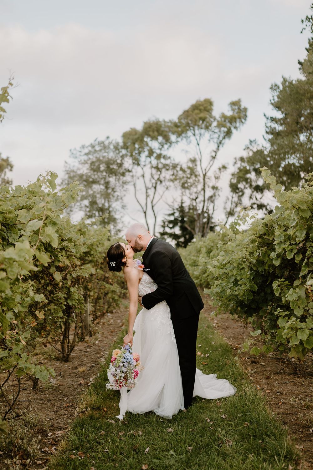 A couple shares a romantic moment in formal attire while standing between rows of grapevines at a vineyard.