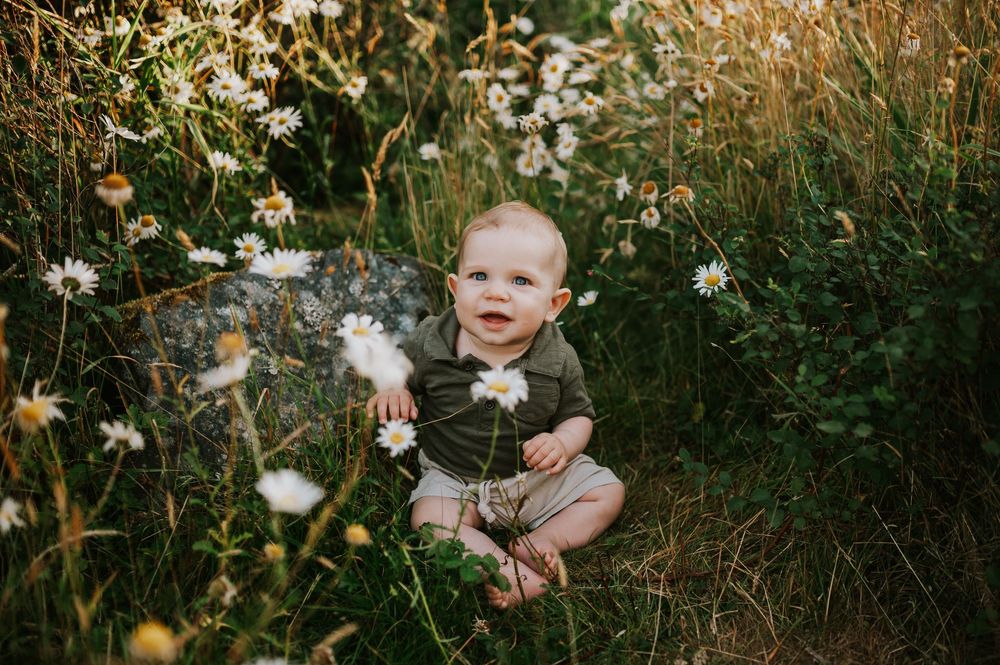 Candid photo of baby sitting in flowers laughing at Neck Point Park Nanaimo golden hour family photography by Vancouver Island photographer