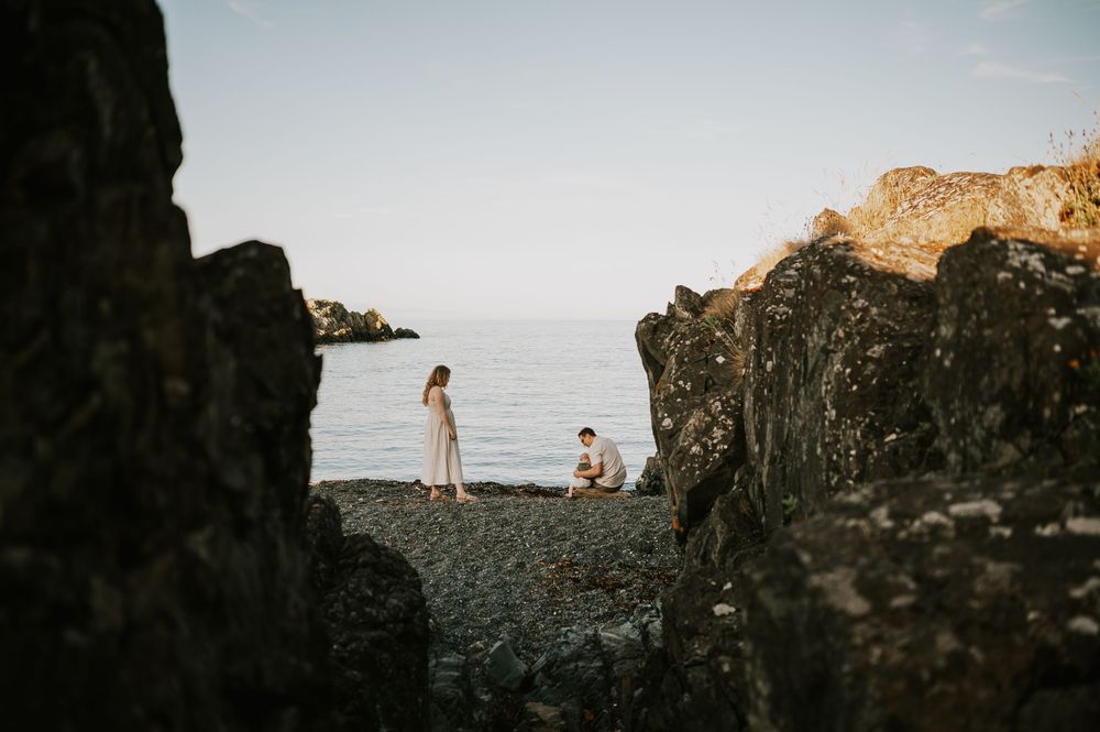 Family photo playing on beach at Neck Point Park Nanaimo during golden hour family photography by Vancouver Island photographer