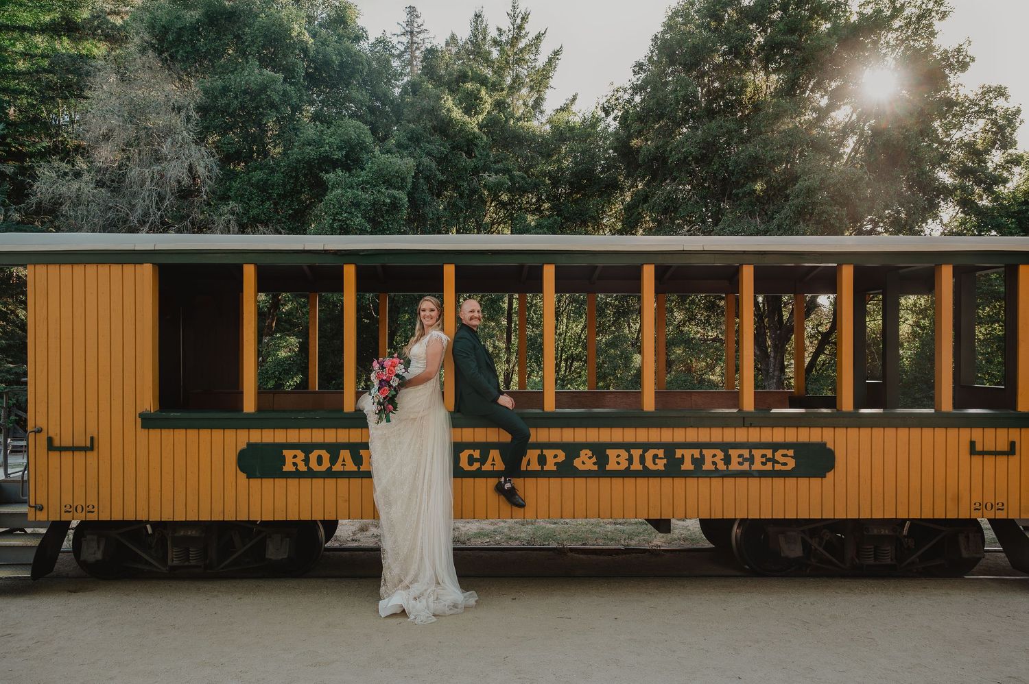 A vintage yellow train car with 'Roaring Camp Big Trees' lettering sits in golden evening sunlight surrounded by pine trees.