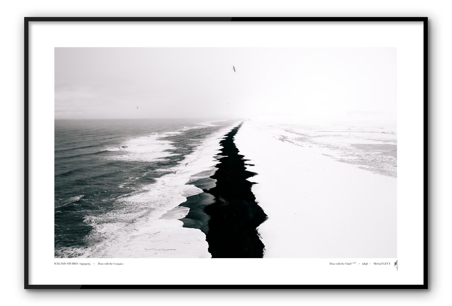 A series of minimalist black and white landscape photographs showing curved coastlines and ocean waves from an aerial view.