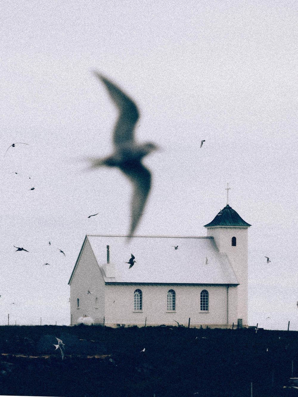 White church buildings stand silhouetted against a pale sky with birds flying overhead creating a moody atmosphere.